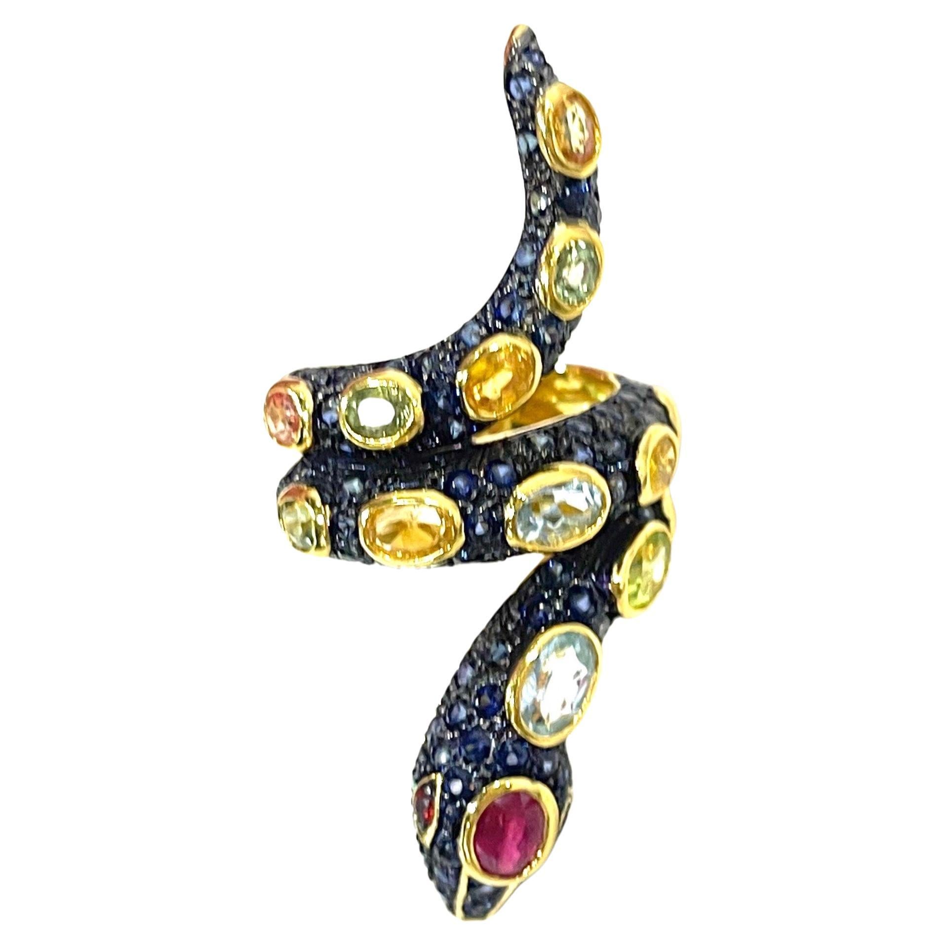 Brilliant Cut Bochic “Orient”  Serpent Fancy Sapphire and Ruby Ring For Sale