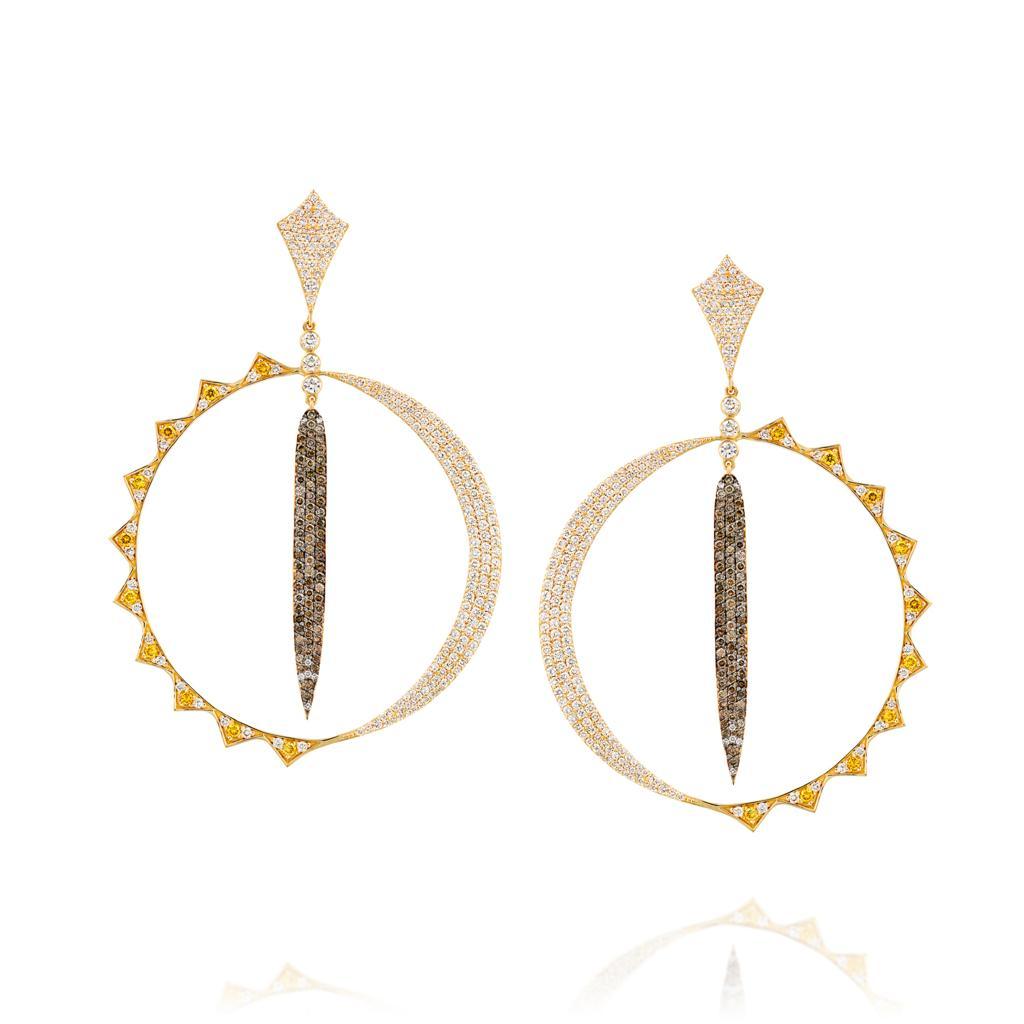Bochic Sun and Moon Diamond earrings, champagne, white, cognac and fancy yellow diamonds. 
470 diamonds 2.88
160 diamonds 1.40
20 diamonds 0.56 
Total 4.84 carat 
The earrings are chic and light 
18 k yellow gold 
25 grams 
Signed 
Comes with a