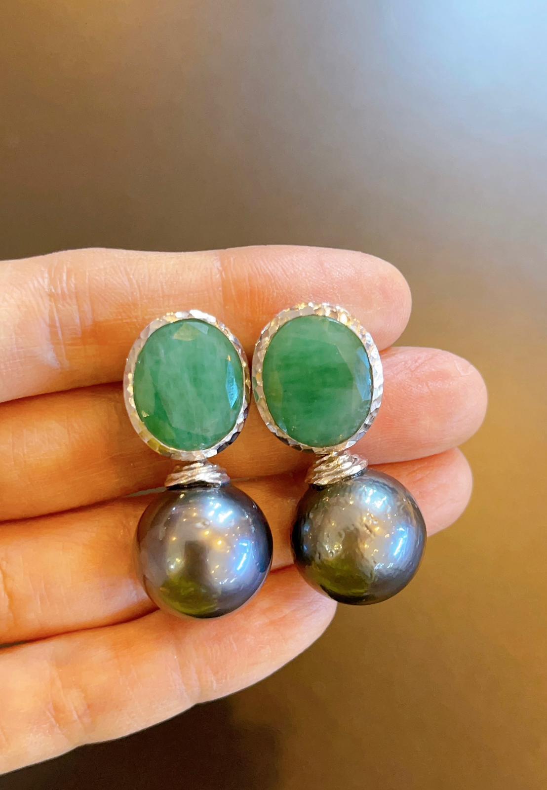 Baroque Bochic “Capri” Tahiti South Sea Pearl & Natural Emerald Earrings For Sale