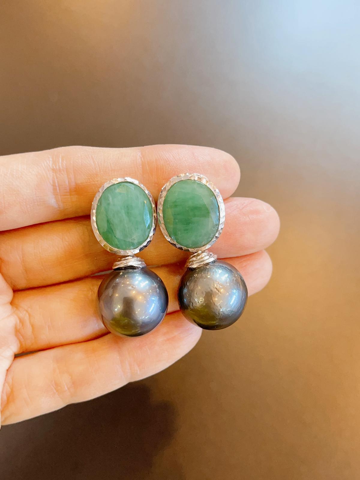 Emerald Cut Bochic “Capri” Tahiti South Sea Pearl & Natural Emerald Earrings For Sale