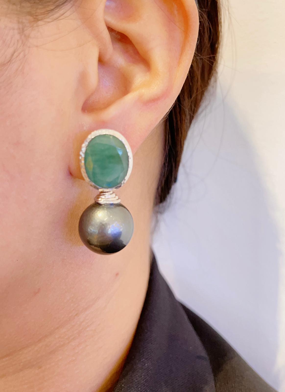 Women's Bochic “Capri” Tahiti South Sea Pearl & Natural Emerald Earrings For Sale