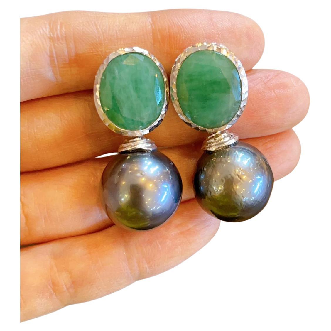 Bochic “Capri” Tahiti South Sea Pearl & Natural Emerald Earrings For Sale