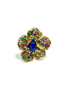 Bochic Vintage Cocktailring aus 18-karätigem Gold und Silber mit mehreren Saphiren, 8 Karat