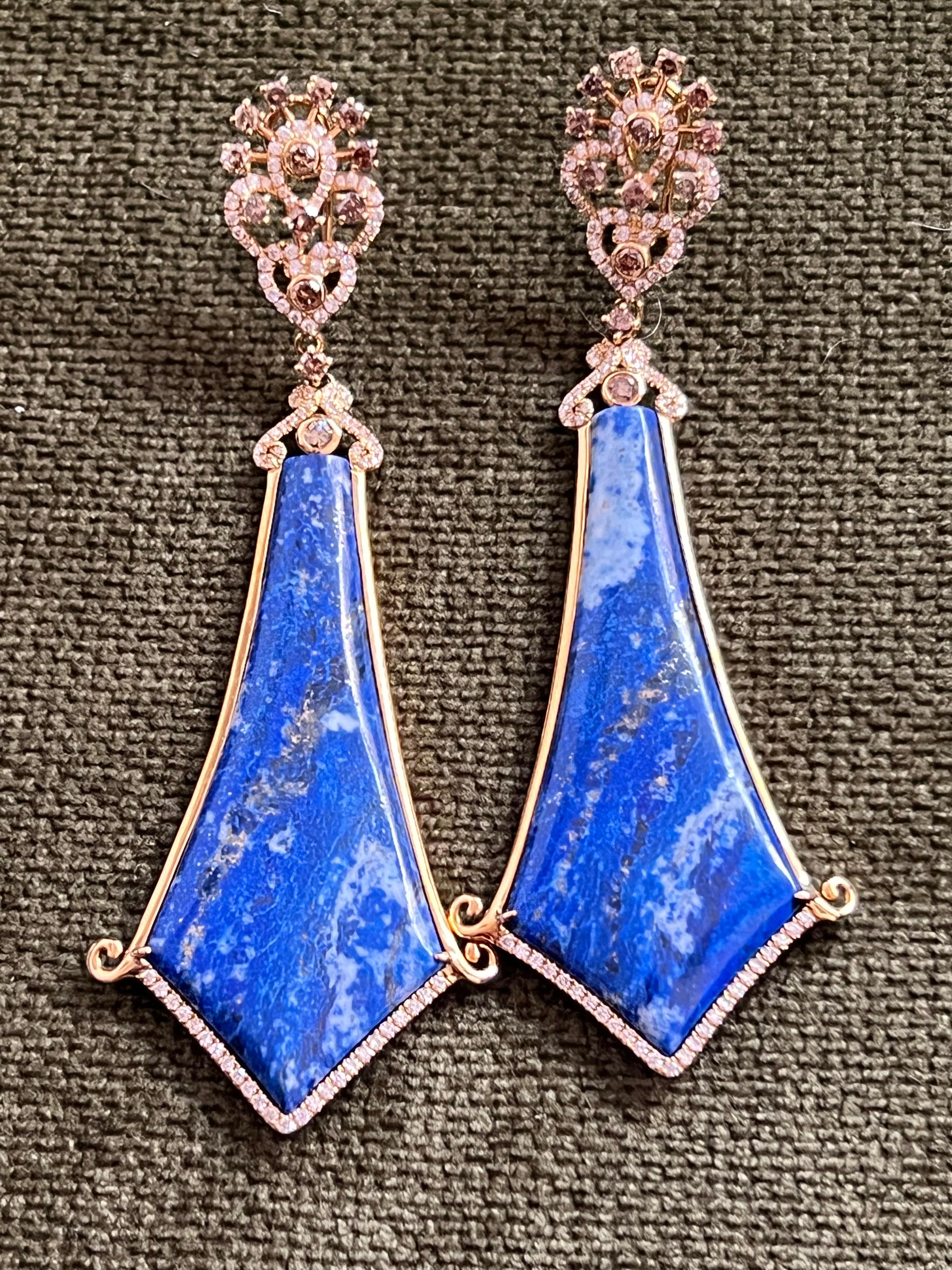 Bochic Vintage Afghan Blue Lapis & Diamond Earrings Set In 18 K Rose Gold  For Sale 4
