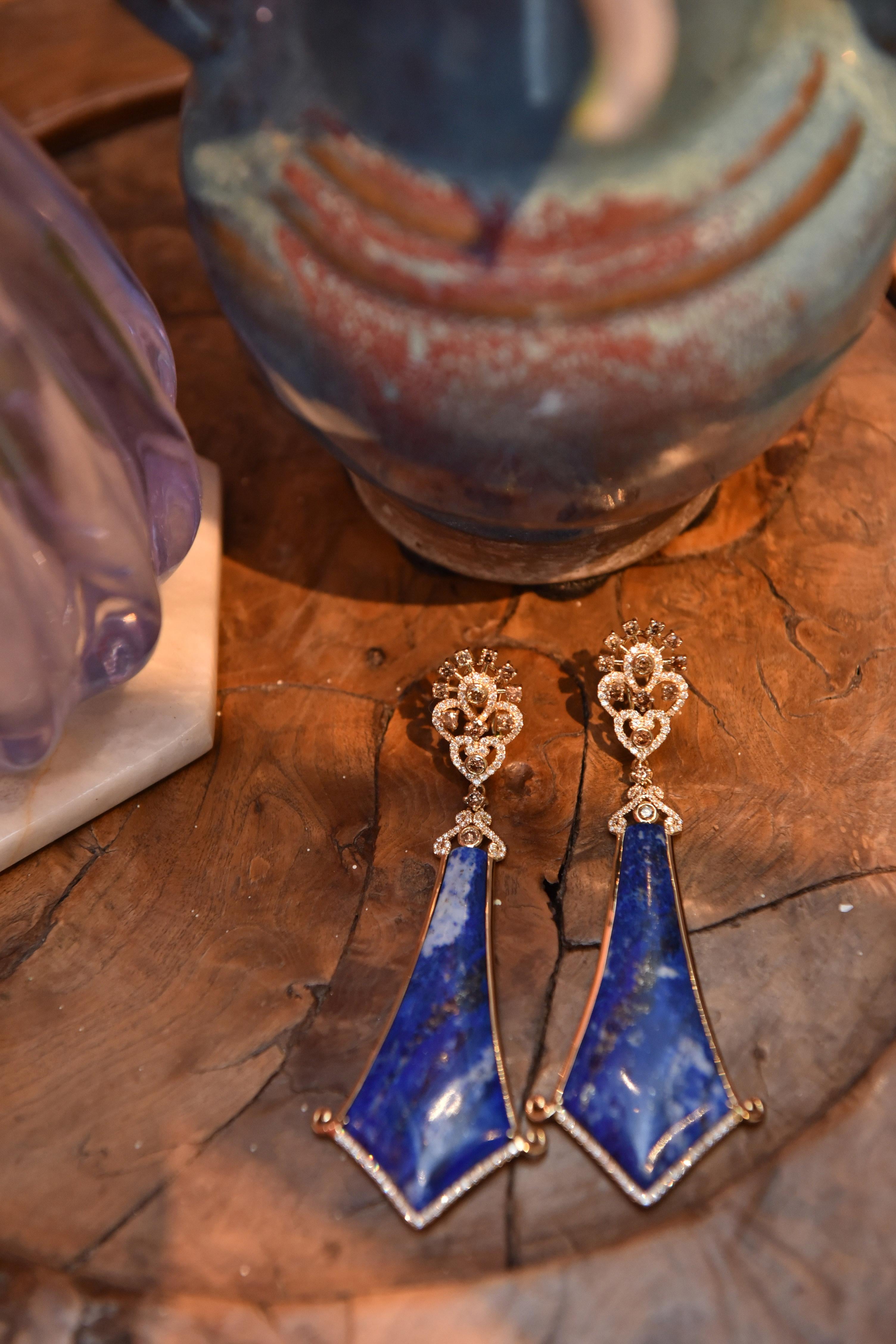 Bochic Vintage Afghan Blue Lapis & Diamond Earrings Set In 18 K Rose Gold  For Sale 5
