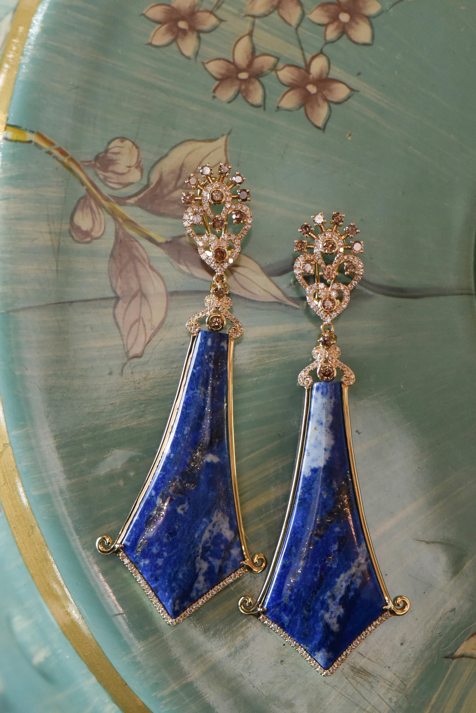 Bochic Vintage Afghan Blue Lapis & Diamond Earrings Set In 18 K Rose Gold  For Sale 6