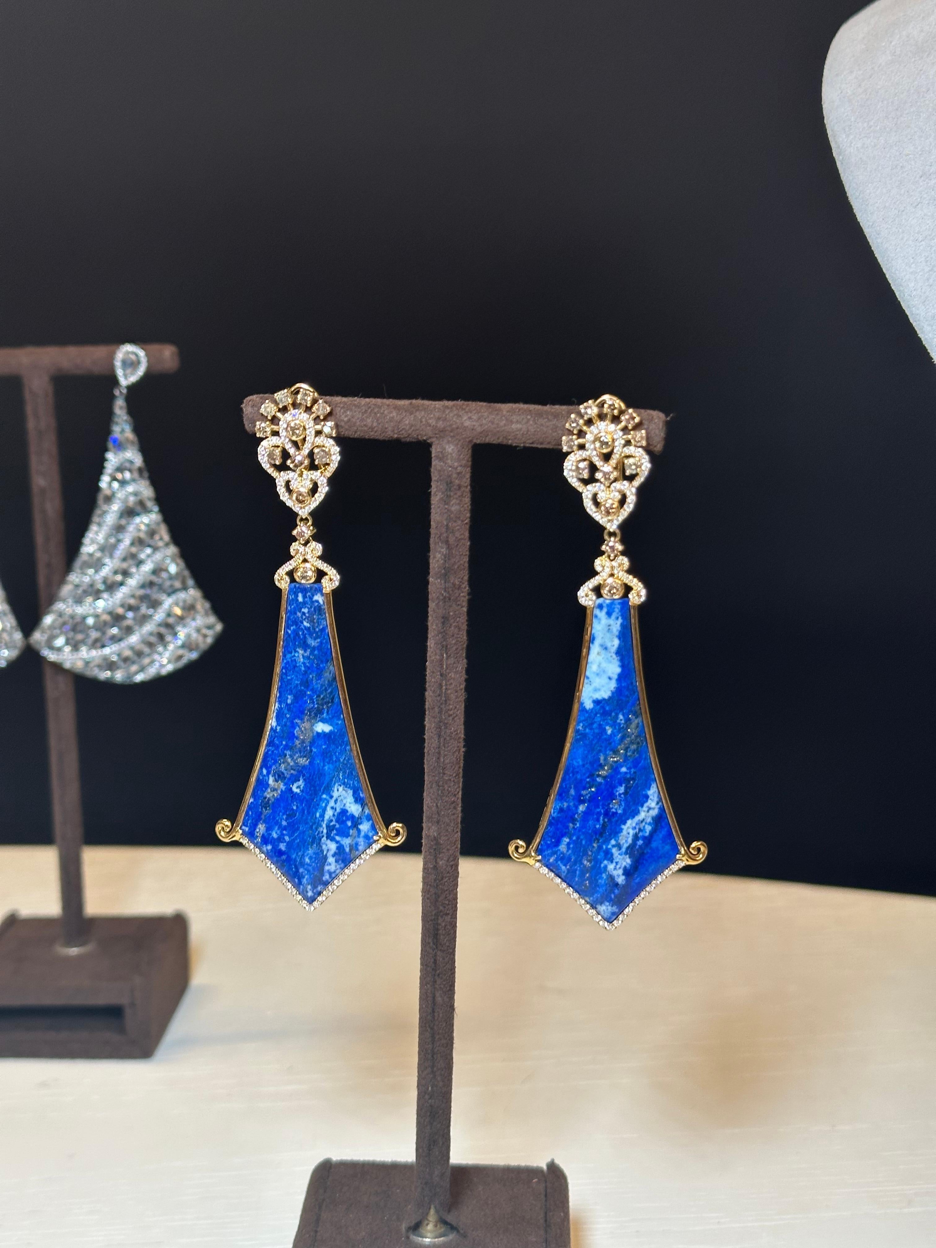 Brilliant Cut Bochic Vintage Afghan Blue Lapis & Diamond Earrings Set In 18 K Rose Gold  For Sale