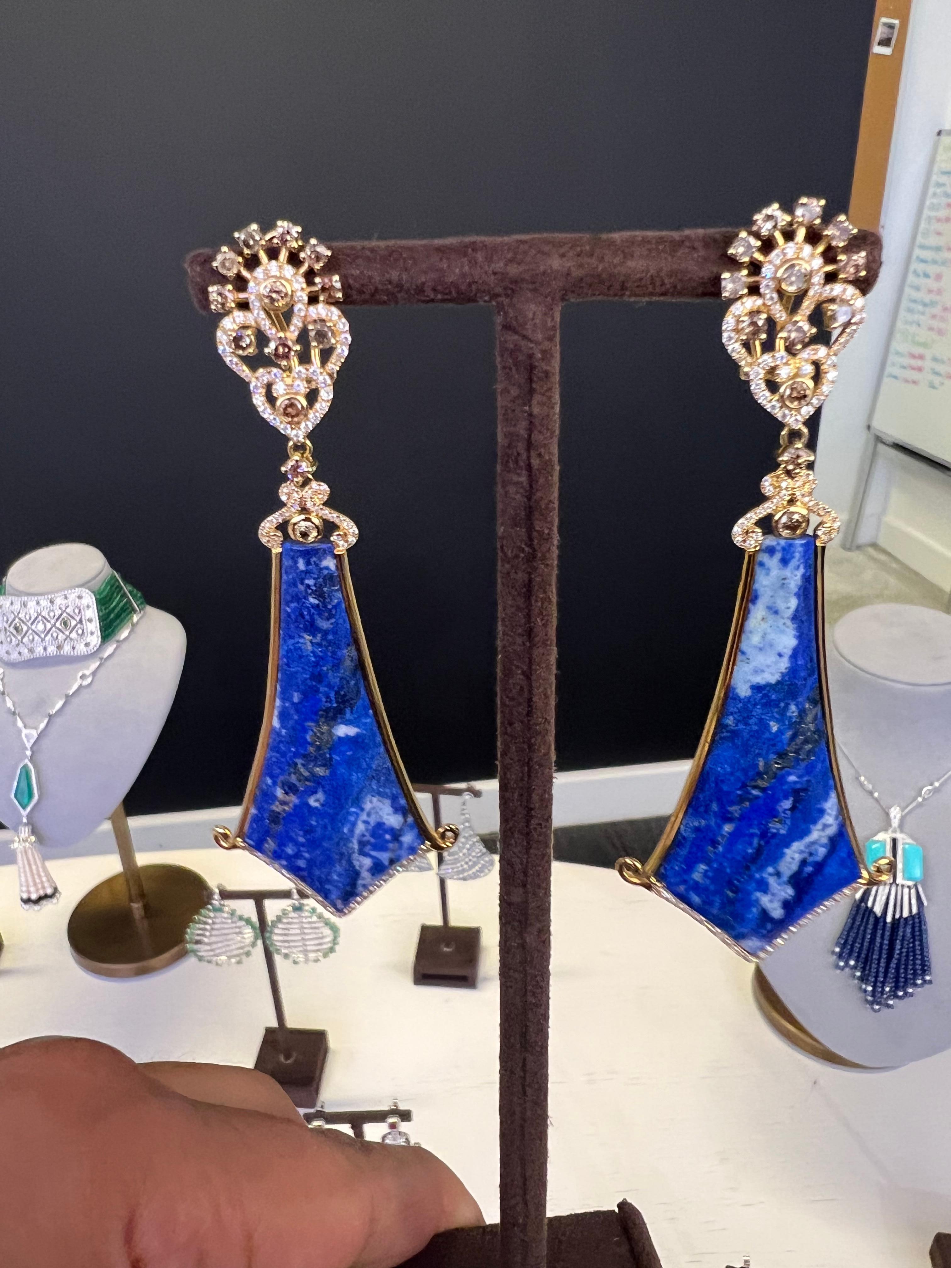 Women's Bochic Vintage Afghan Blue Lapis & Diamond Earrings Set In 18 K Rose Gold  For Sale