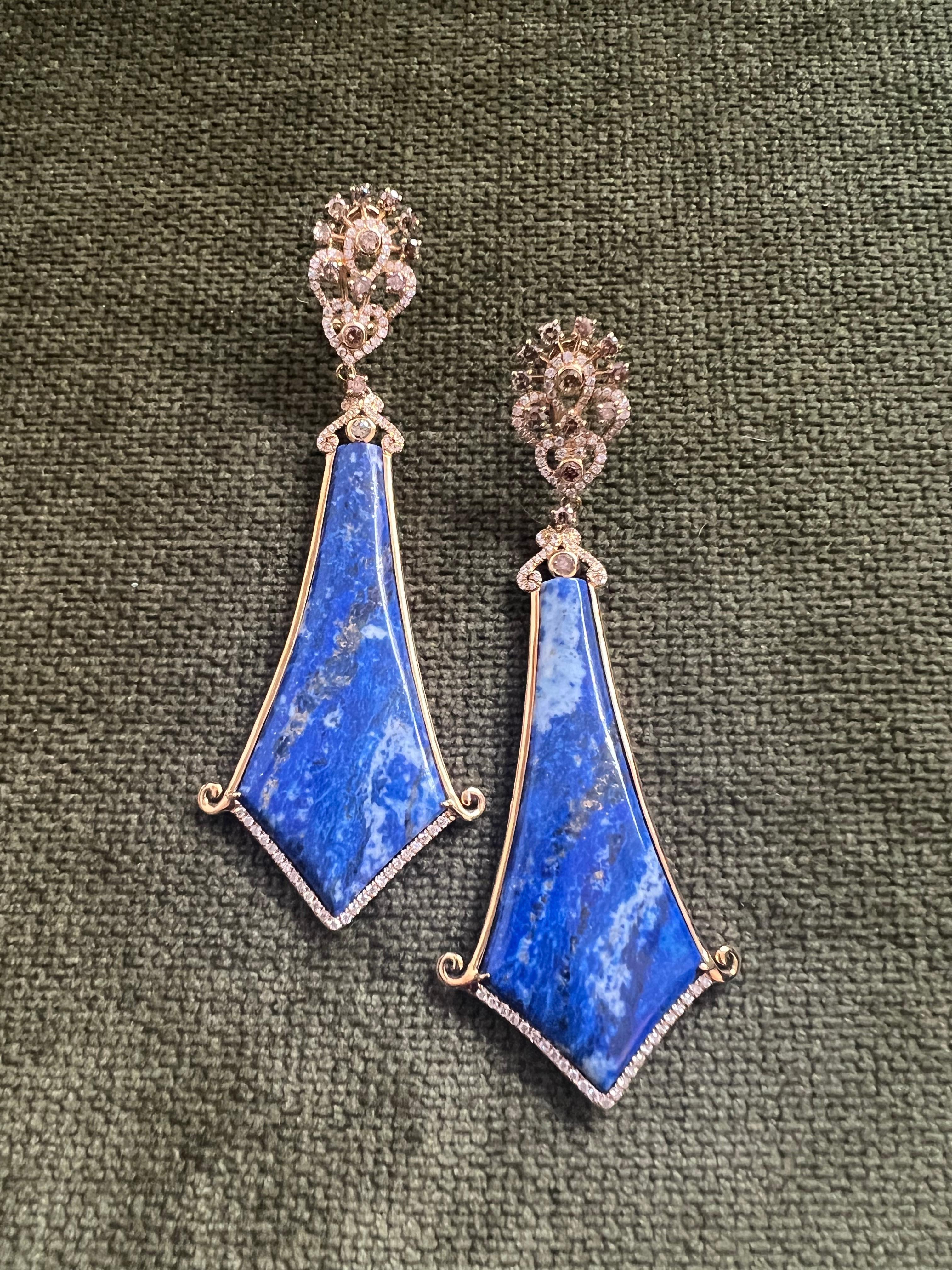 Bochic Vintage Afghan Blue Lapis & Diamond Earrings Set In 18 K Rose Gold  For Sale 1
