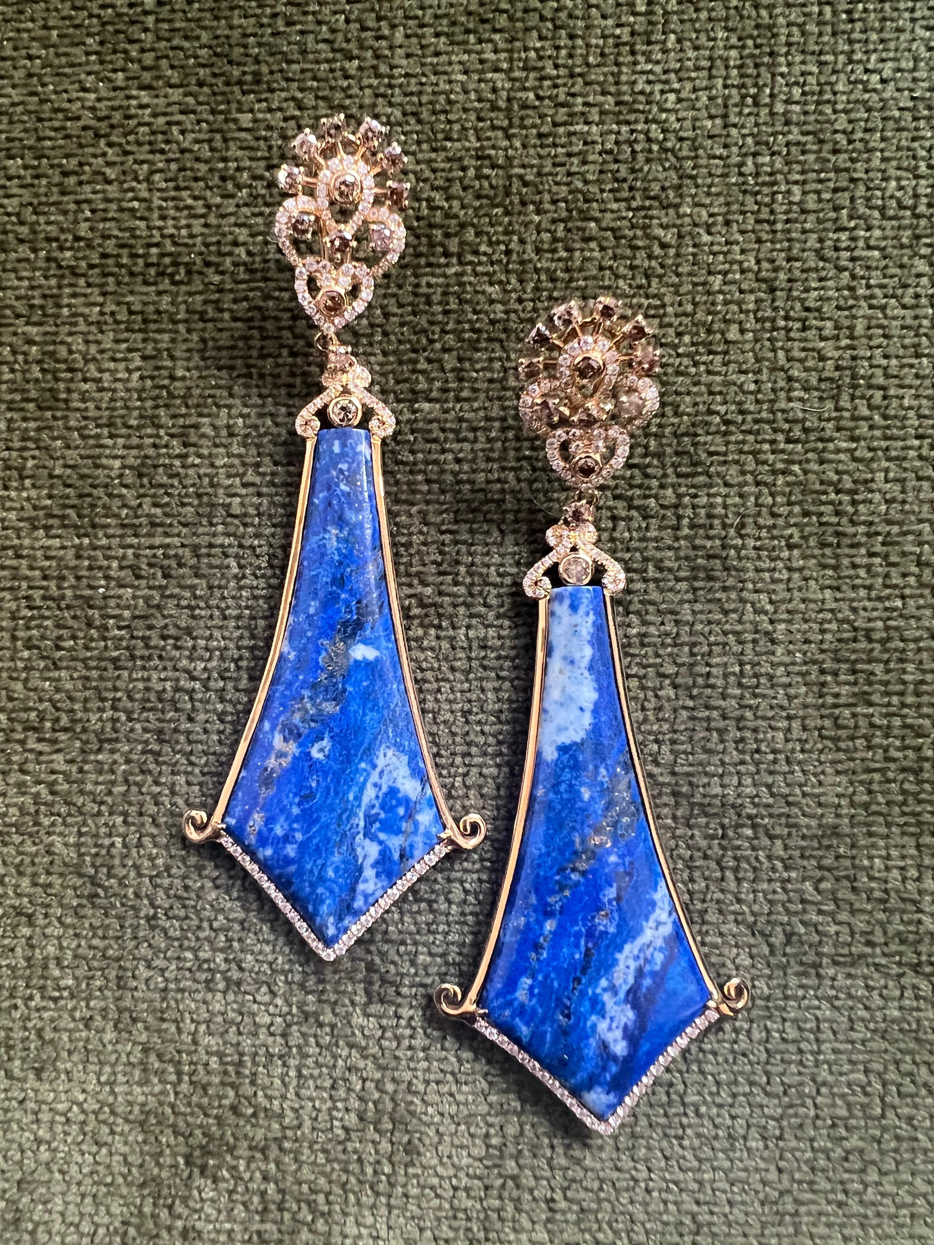 Bochic Vintage Afghan Blue Lapis & Diamond Earrings Set In 18 K Rose Gold  For Sale 2