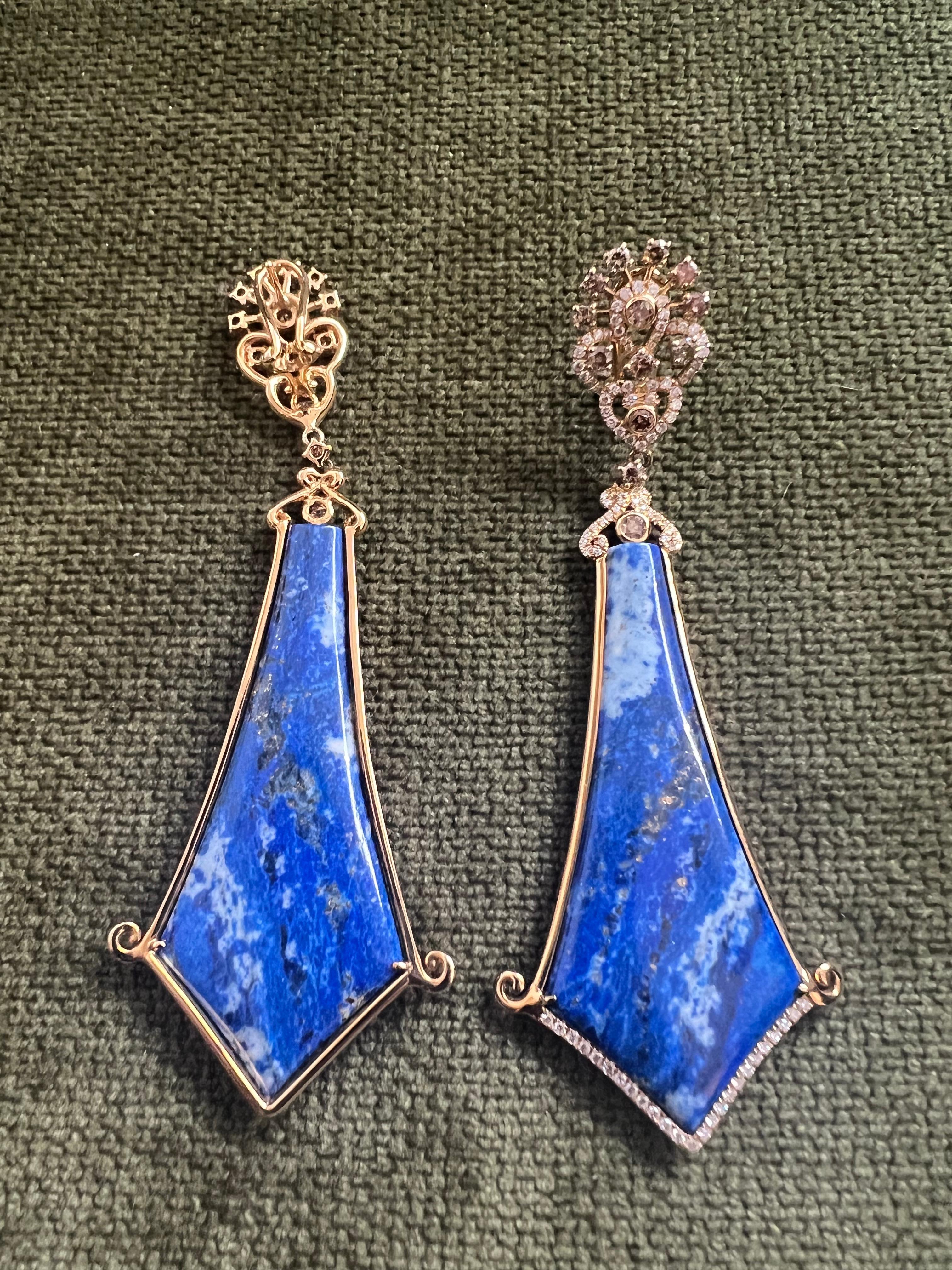 Bochic Vintage Afghan Blue Lapis & Diamond Earrings Set In 18 K Rose Gold  For Sale 3