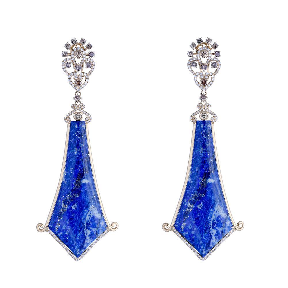 Bochic Vintage Afghan Blue Lapis & Diamond Earrings Set In 18 K Rose Gold  For Sale
