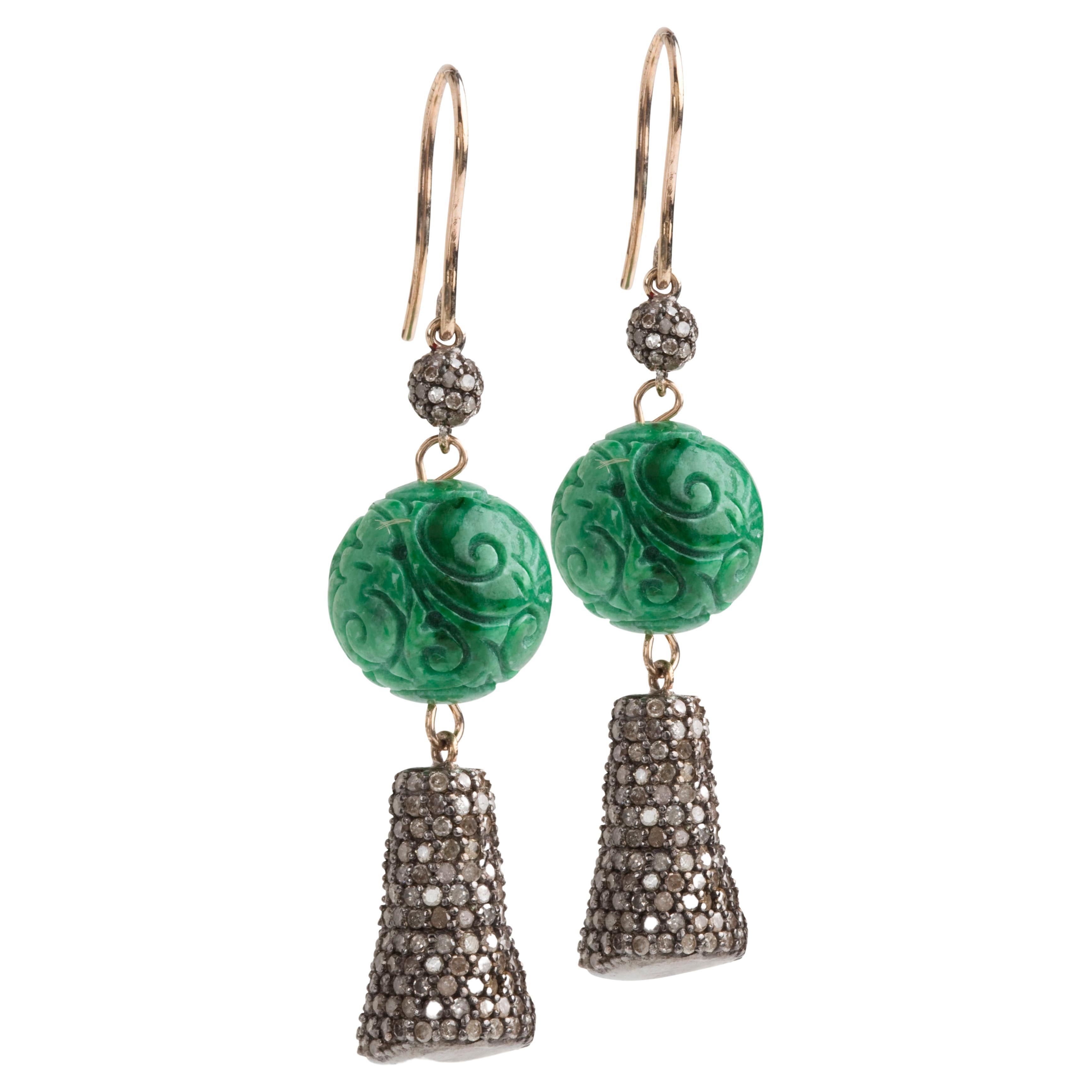 Bochic Vintage Green Jade and Diamond earrings  For Sale