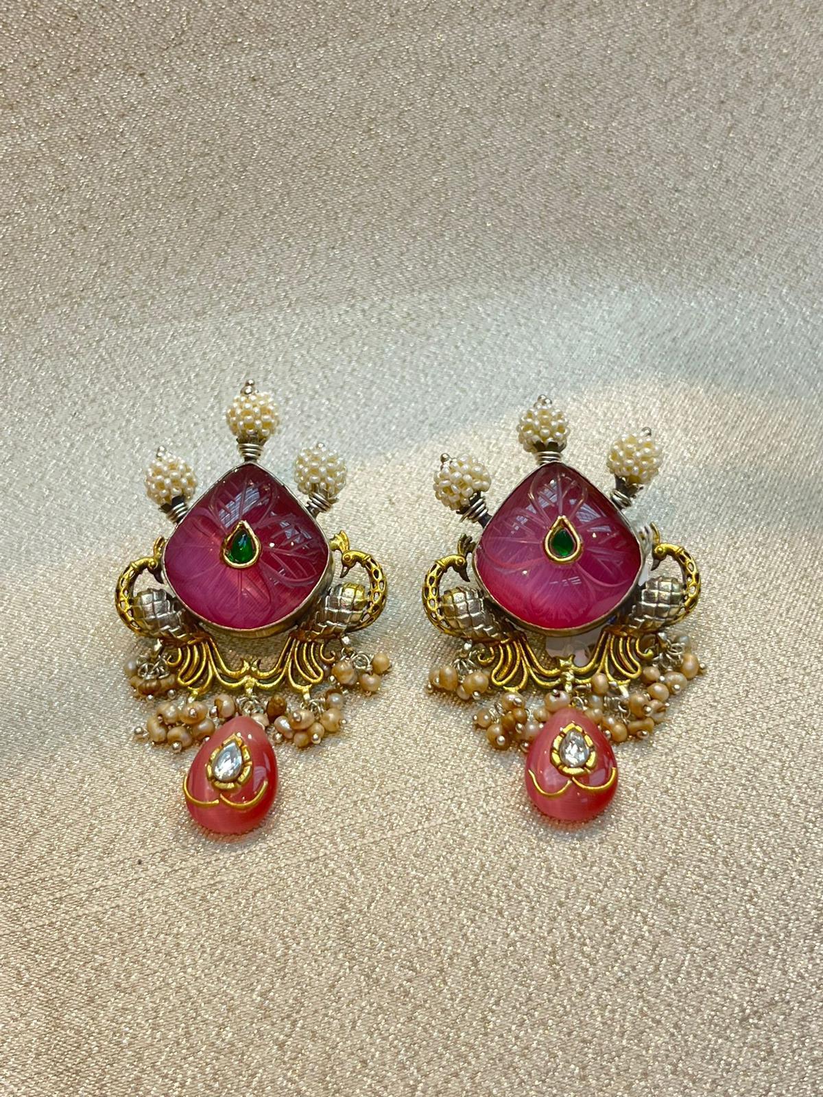 Cabochon Bochic Vintage “IndoChina” Oriental Pearls,  Silver & Tourmaline Earrings  For Sale