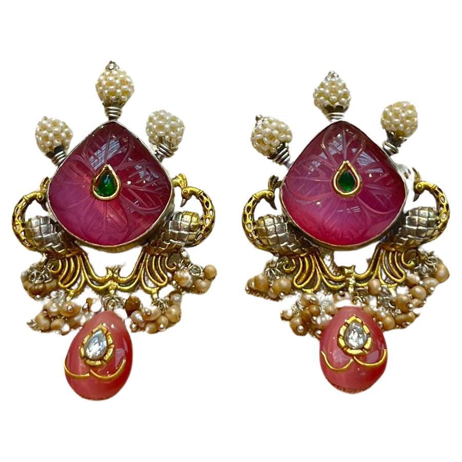 Bochic Vintage “IndoChina” Oriental Pearls,  Silver & Tourmaline Earrings  For Sale