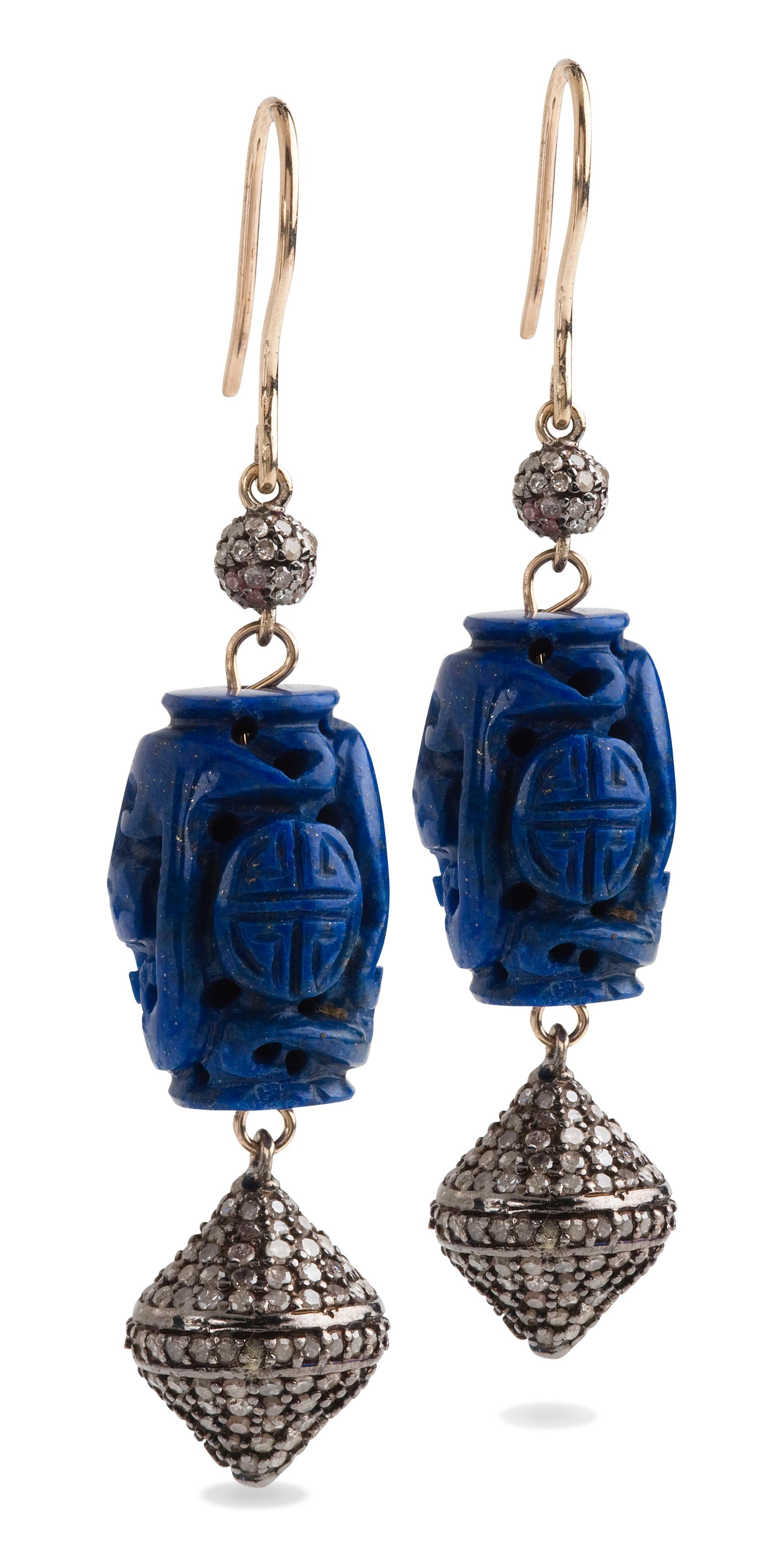 Bochic Vintage Lapis and Diamond earring drops 
The lapis lazuli is antique and carved with oriental motif 
18K black vintage gold 
Diamonds gray and white 1.14 Carat 
2 inch length 
The earrings are light 
French hooks 
Signed Bochic 
750 Gold