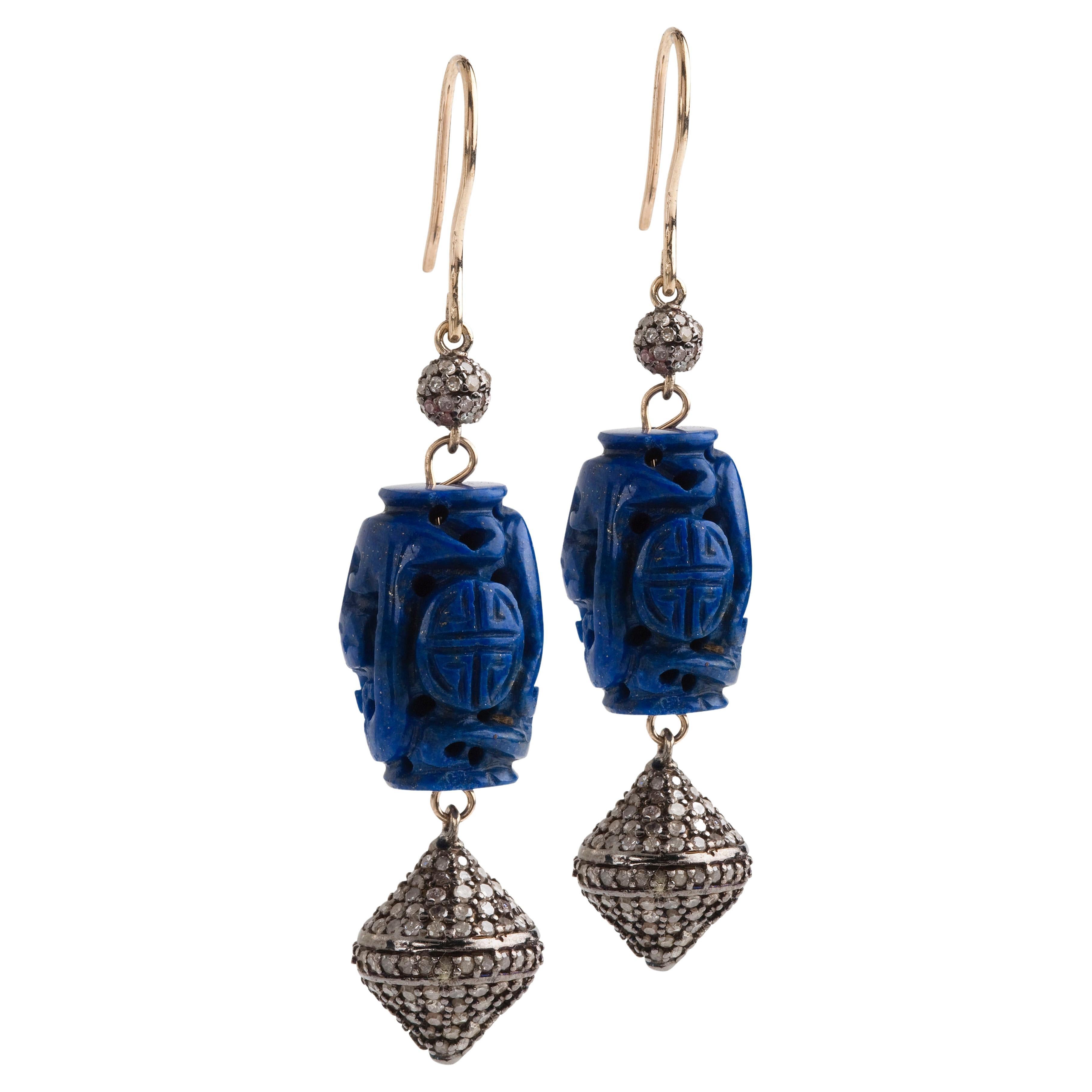 Bochic Vintage Lapis and Diamond earring drops  For Sale