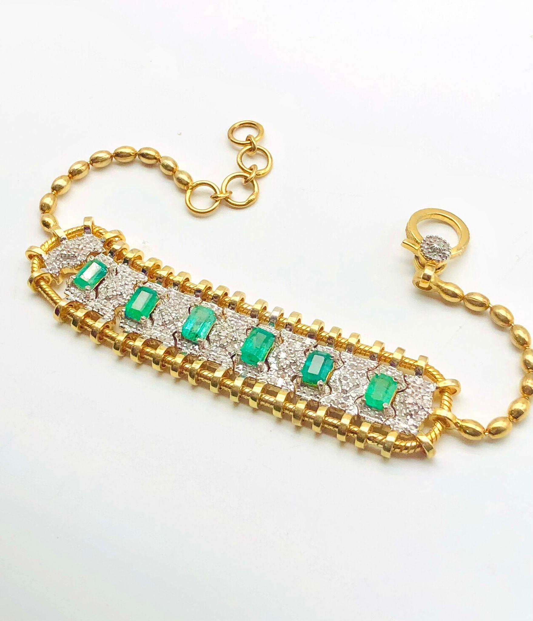 Bochic “Vintage Retro” Diamonds & Emeralds  Bracelet Set In 18K Gold  & Silver For Sale 4