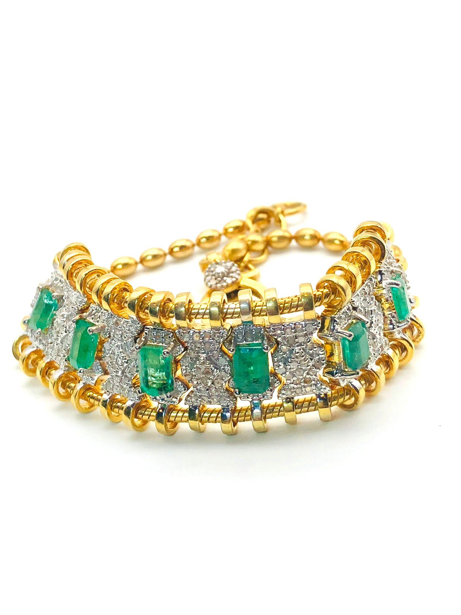 Bochic “Vintage Retro” Diamonds & Emeralds  Bracelet Set In 18K Gold  & Silver For Sale 5