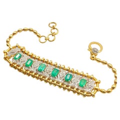 Bochic “Vintage Retro” Diamonds & Emeralds  Bracelet Set In 18K Gold  & Silver