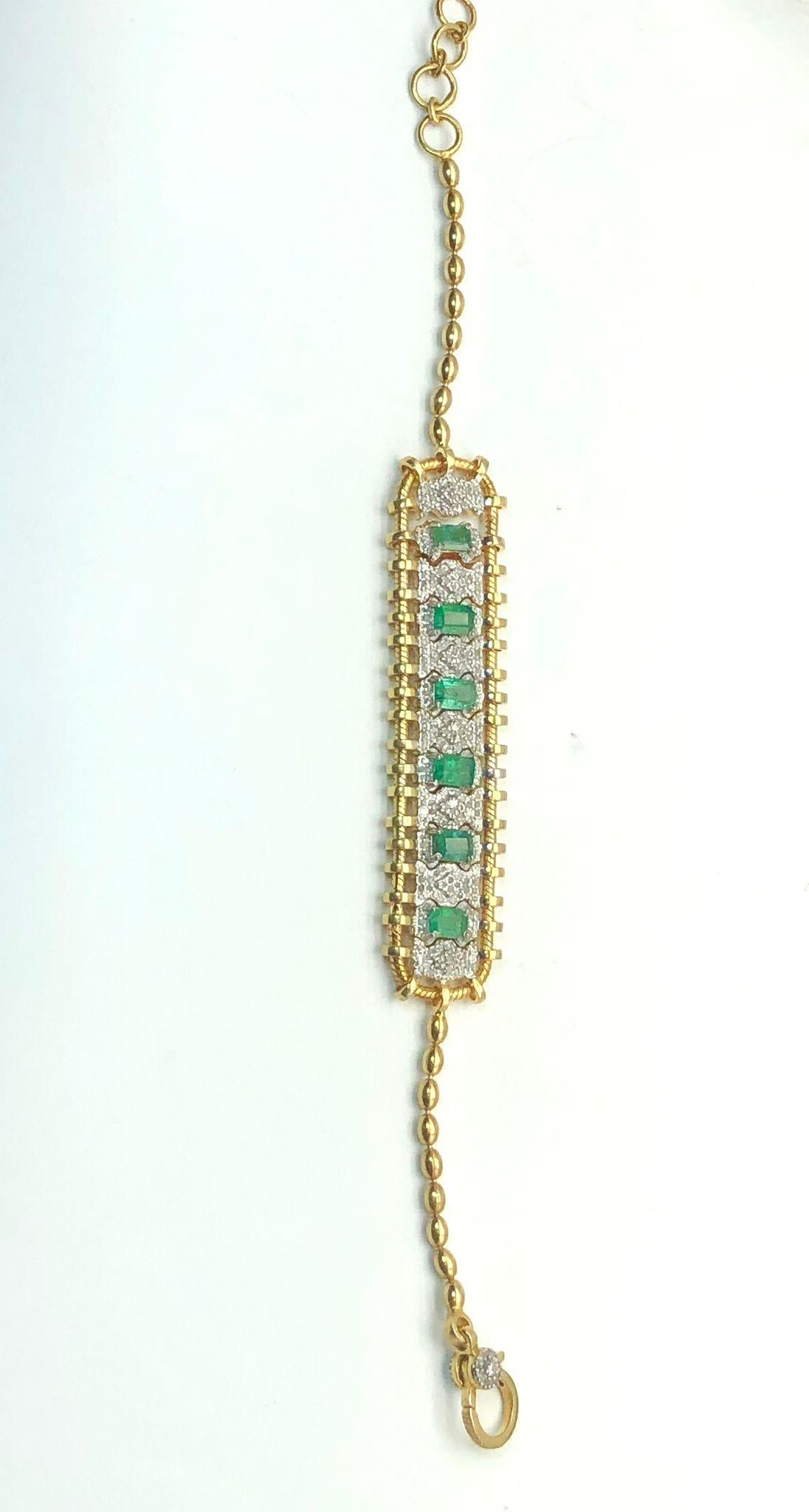 Emerald Cut Bochic “Vintage Retro” Diamonds & Emeralds  Bracelet Set In 18K Gold  & Silver For Sale