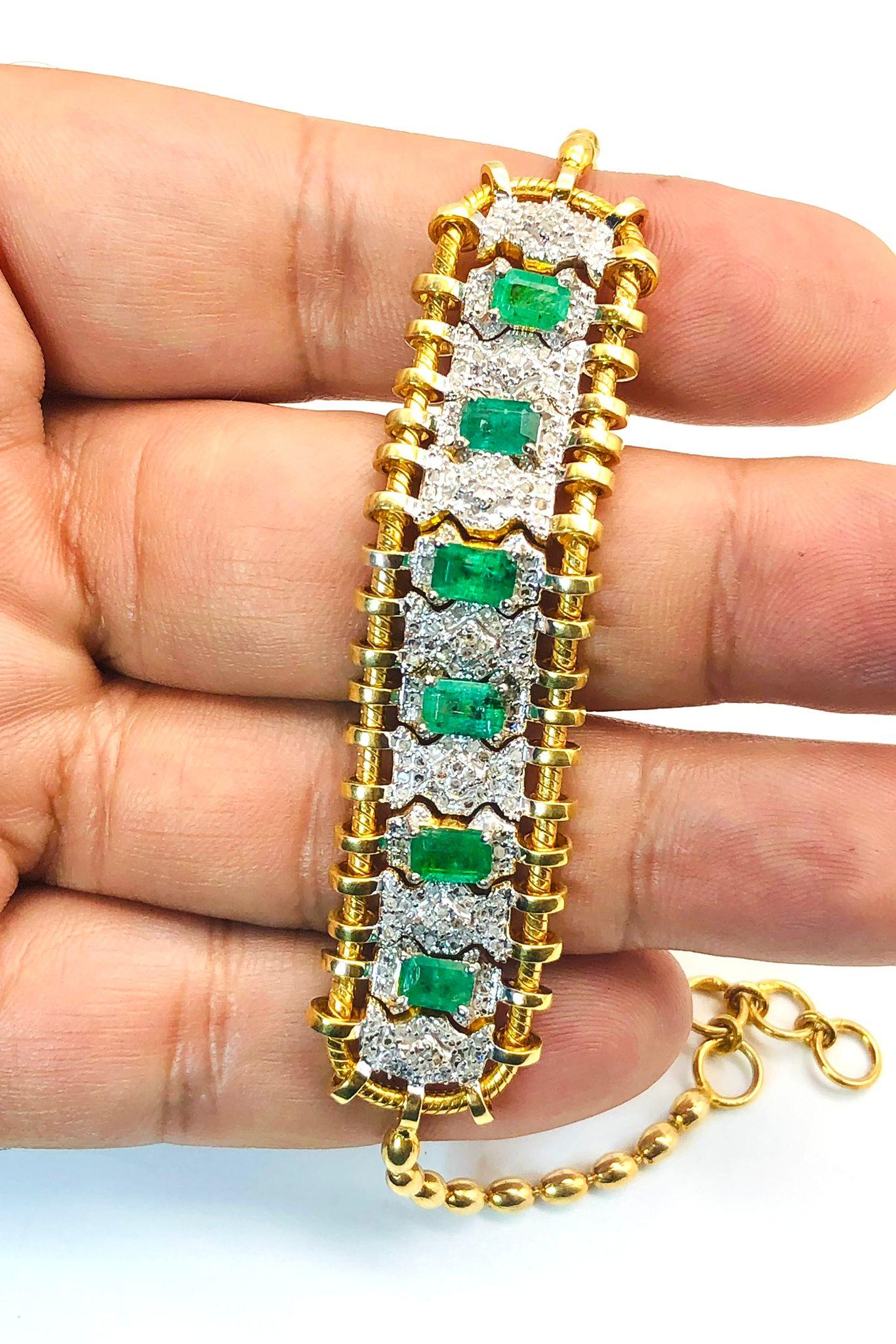Bochic “Vintage Retro” Diamonds & Emeralds  Bracelet Set In 18K Gold  & Silver For Sale 2