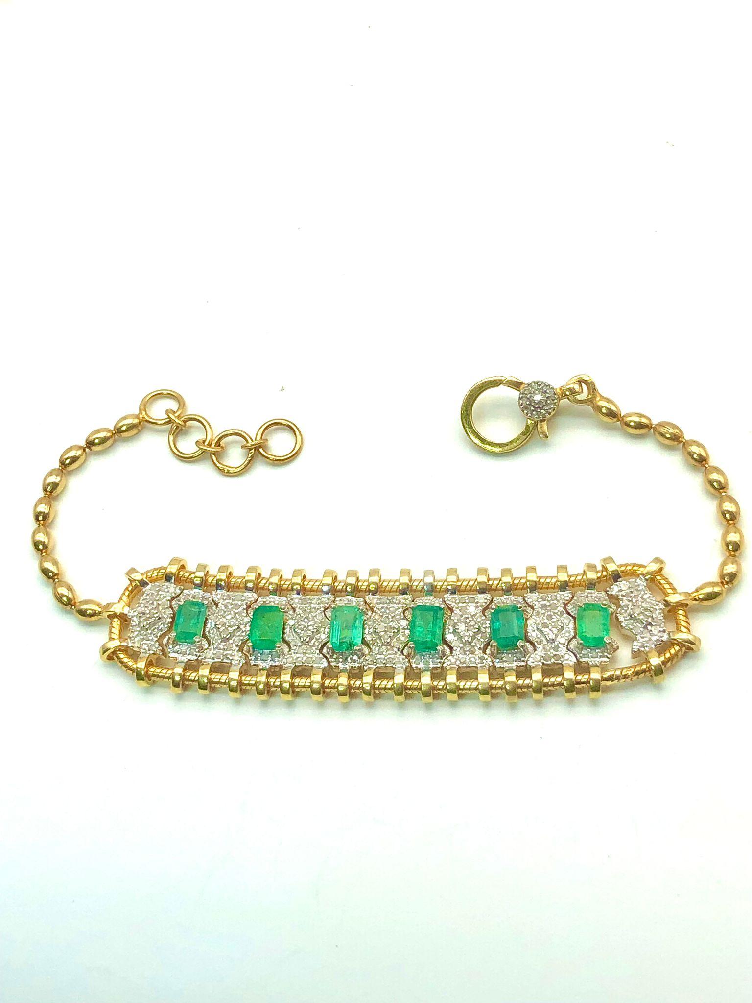 Bochic “Vintage Retro” Diamonds & Emeralds  Bracelet Set In 18K Gold  & Silver For Sale 3