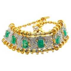 Bochic “Vintage Retro” Diamonds & Emeralds  Bracelet Set In 18K Gold  & Silver