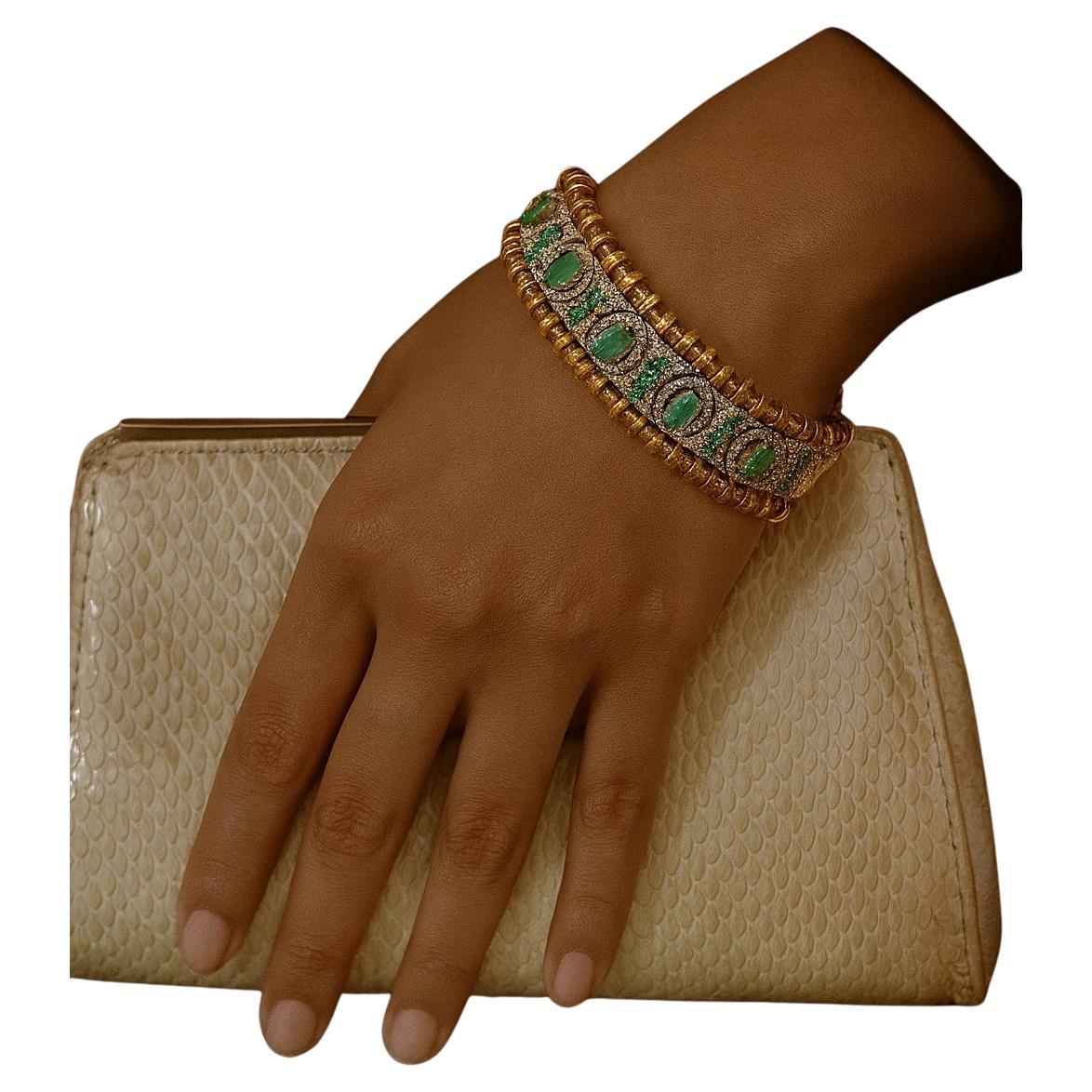 Bochic "Vintage Retro" Natürliche Smaragde 
Diamanten Set in 18K Gold 
Silber im Angebot