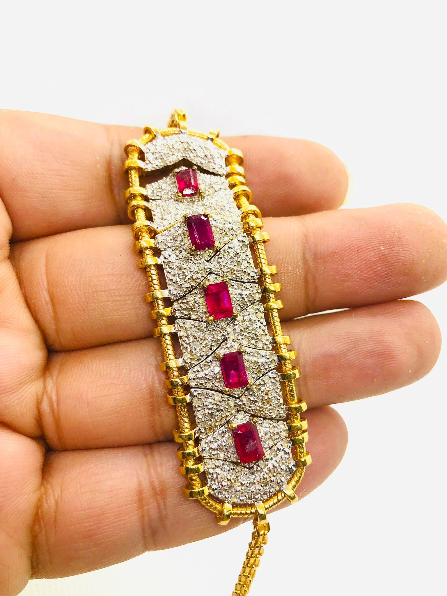 Anglo-Indian Bochic “Vintage Retro” Natural Rubies & Diamonds Set In 18K Gold & Silver For Sale