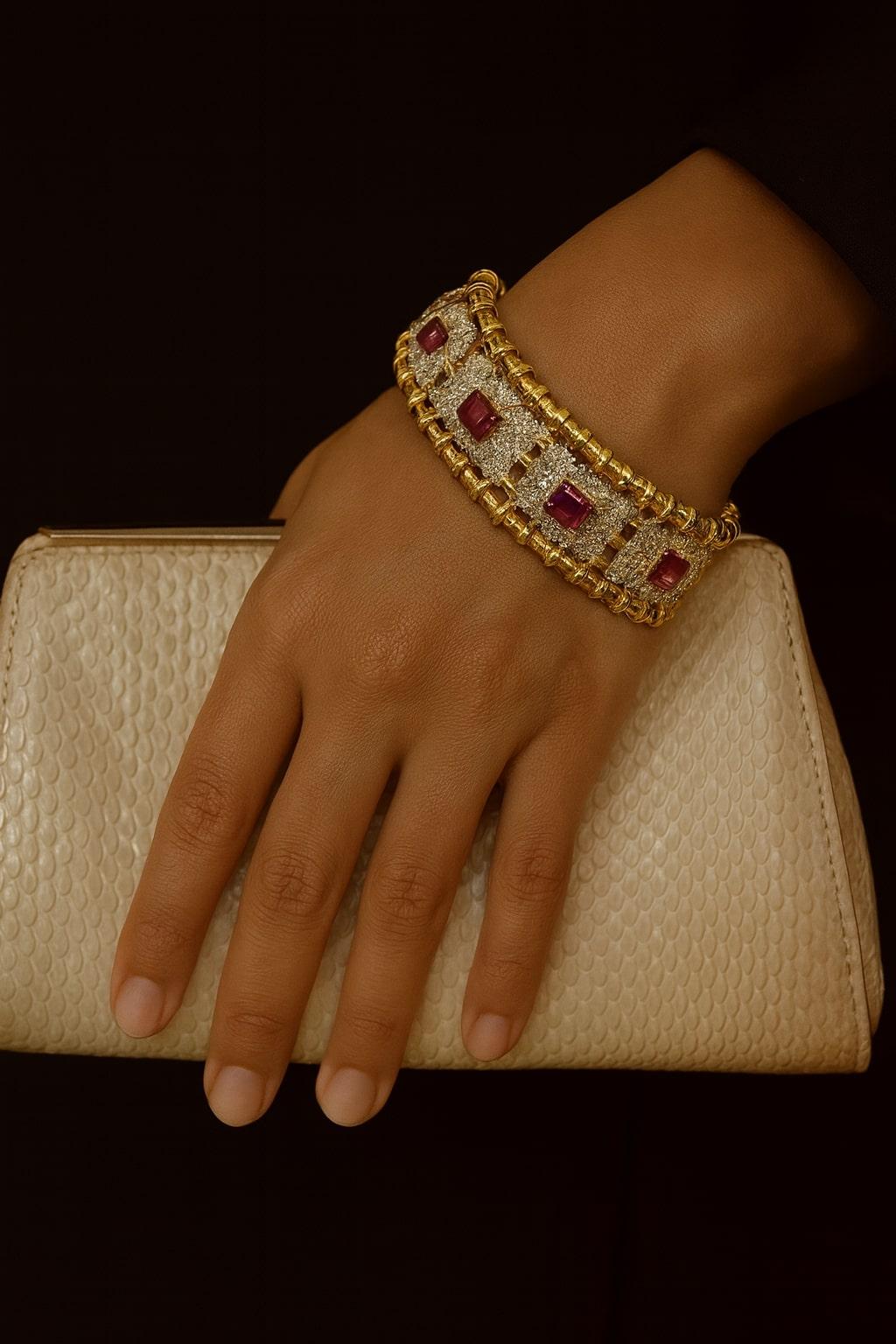 Bochic “Vintage Retro” Natural Rubies & Diamonds Set In 18K Gold & Silver For Sale 2