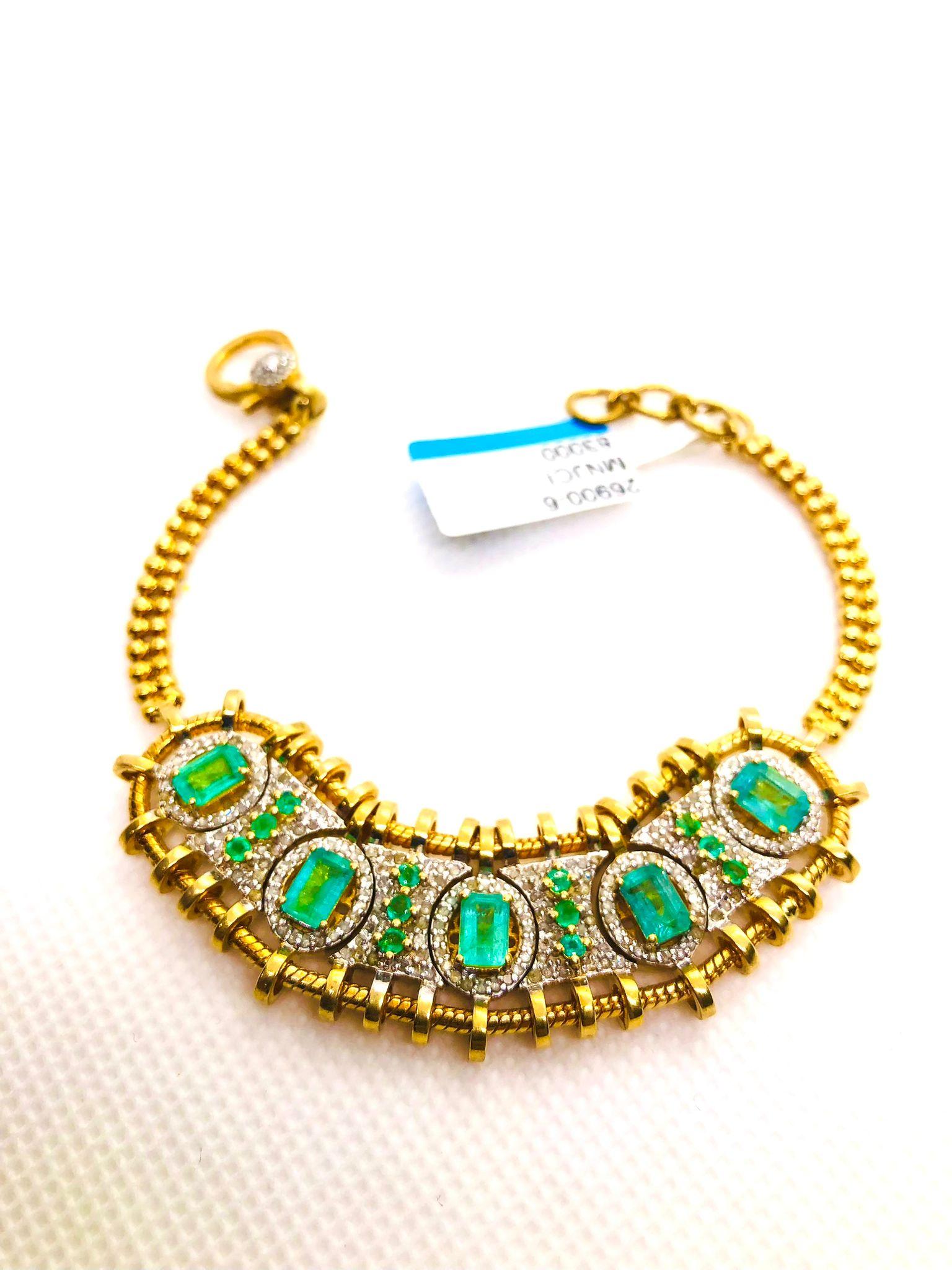 Bochic “Vintage Retro” Natural Emeralds & Diamonds Set In 18K Gold & Silver For Sale 5