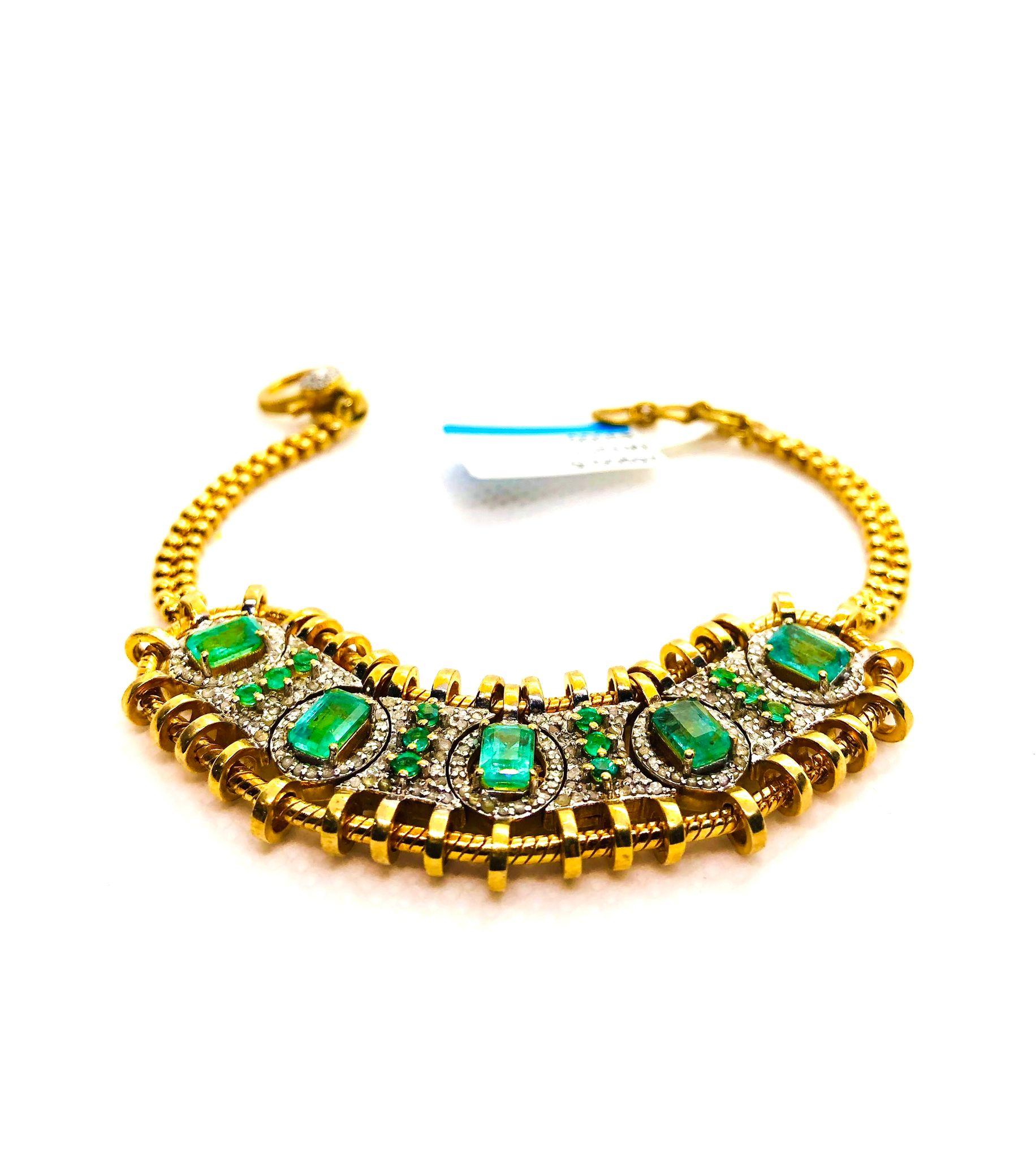 Bochic “Vintage Retro” Natural Emeralds & Diamonds Set In 18K Gold & Silver For Sale 8