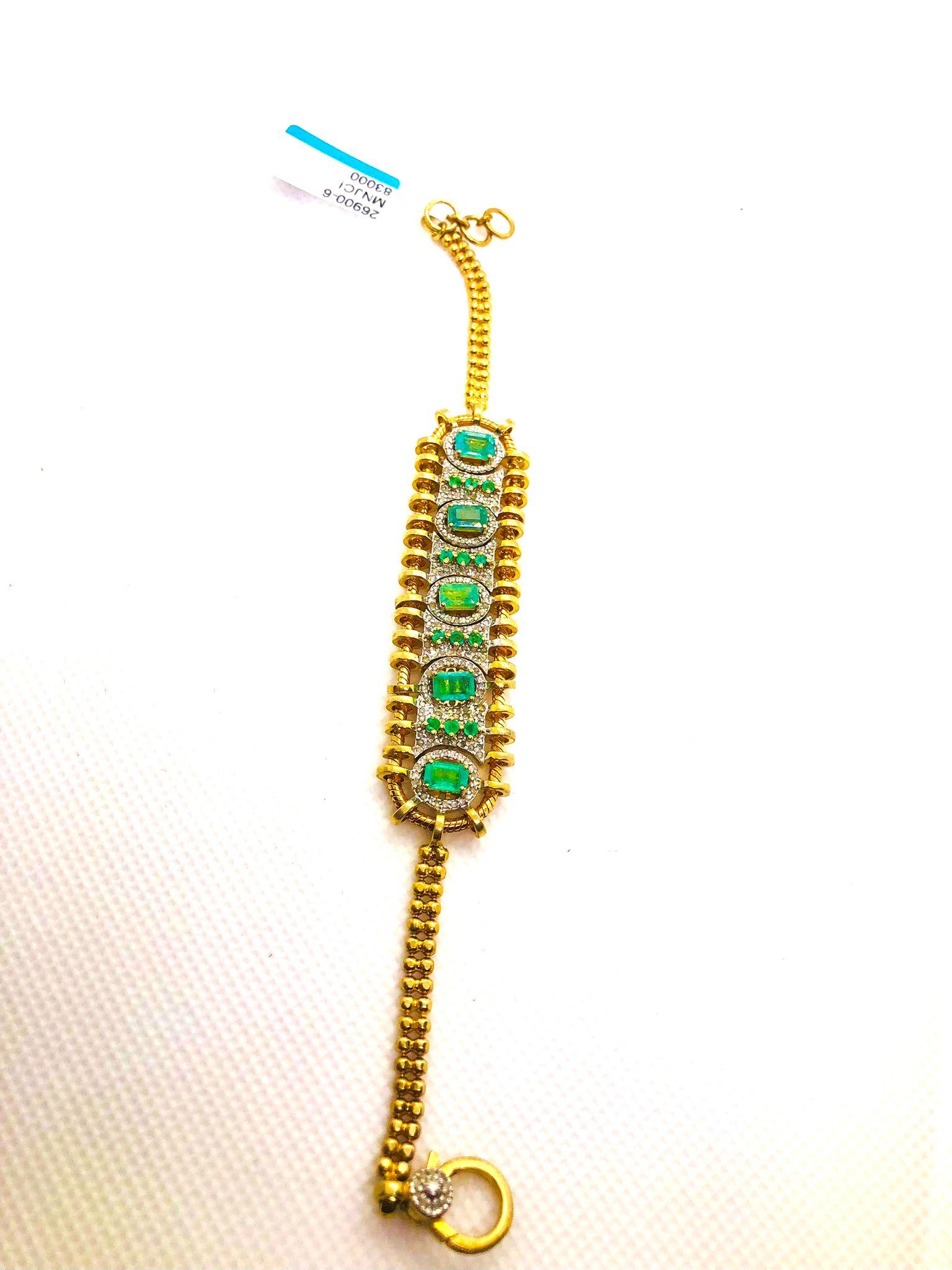 Bochic “Vintage Retro” Natural Emeralds & Diamonds Set In 18K Gold & Silver For Sale 9