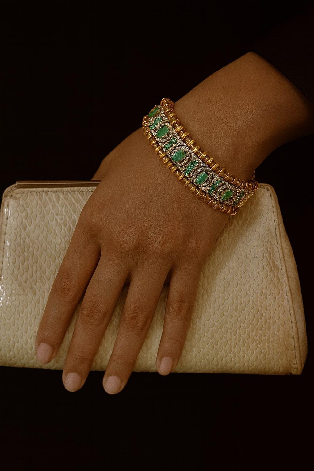 Bochic “Vintage Retro” Natural Emeralds & Diamonds Set In 18K Gold & Silver For Sale 10