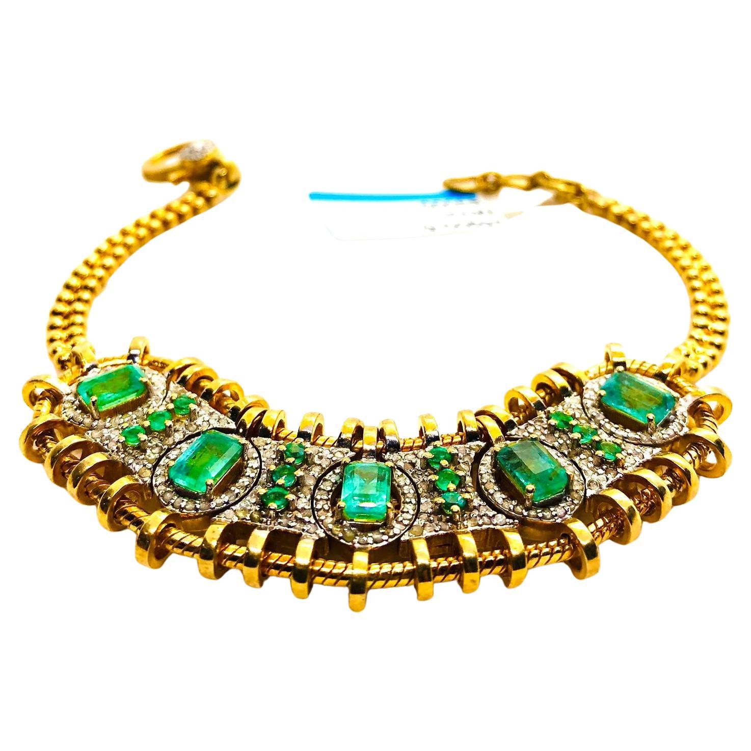 Anglo-Indian Bochic “Vintage Retro” Natural Emeralds & Diamonds Set In 18K Gold & Silver For Sale
