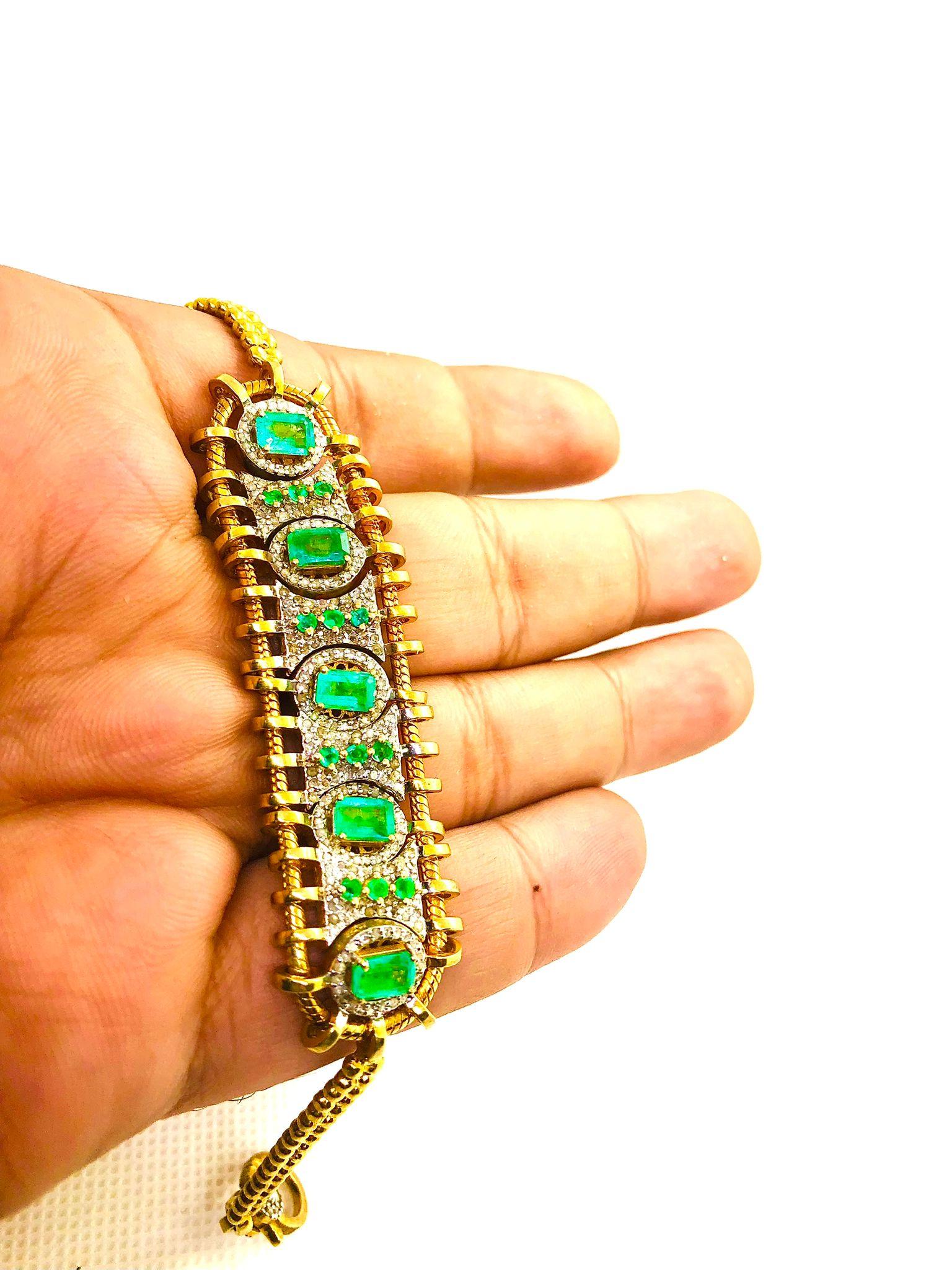 Bochic “Vintage Retro” Natural Emeralds & Diamonds Set In 18K Gold & Silver For Sale 1