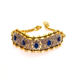 Bochic “Vintage Retro” Oval Natural Sapphires & Diamonds Set In 18K Gold & Silve