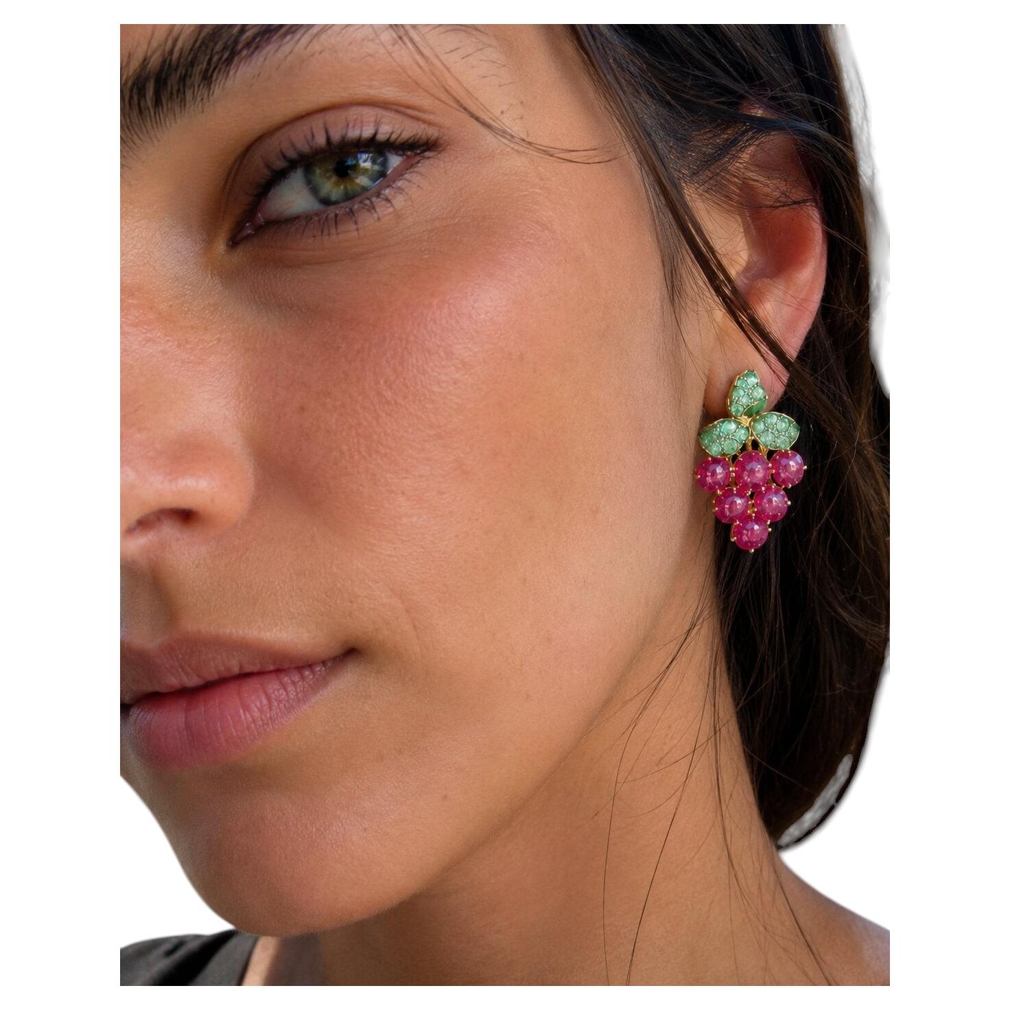 Bochic Vintage Ruby & Emerald Earrings, 18K Gold & Silver, Circa 1992