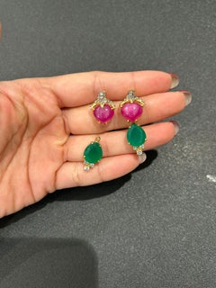 Bochic Vintage Ruby & Green Aventurine Clip Earrings Set 18K Gold & Silver