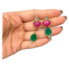 Bochic Vintage Ruby & Green Aventurine Clip Earrings Set 18K Gold & Silver