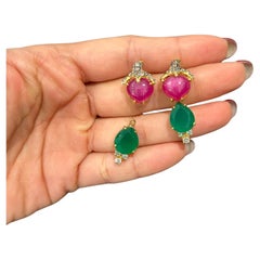 Bochic Vintage Ruby & Green Aventurine Clip Earrings Set 18K Gold & Silver