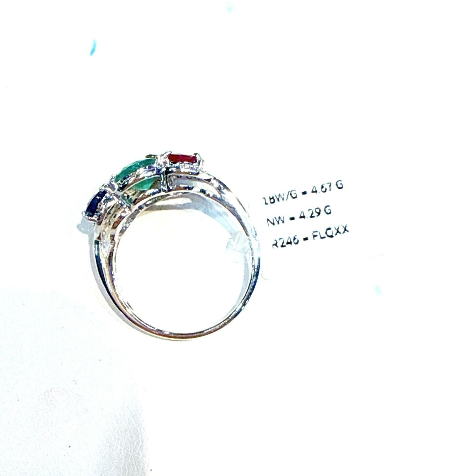 Anello vintage Bochic con zaffiro, smeraldo, rubino e diamante incastonati in oro bianco 18 carati in vendita 6