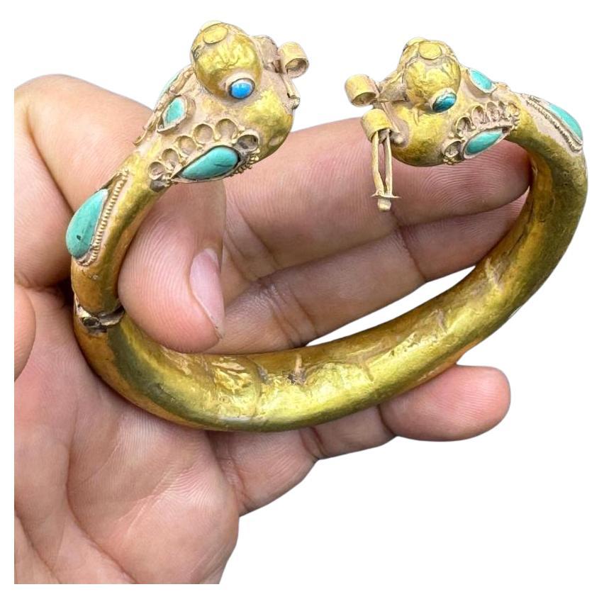 Bochic “Vintage” Solid 18K Yellow Gold Bangle With Old Turquoise, Original