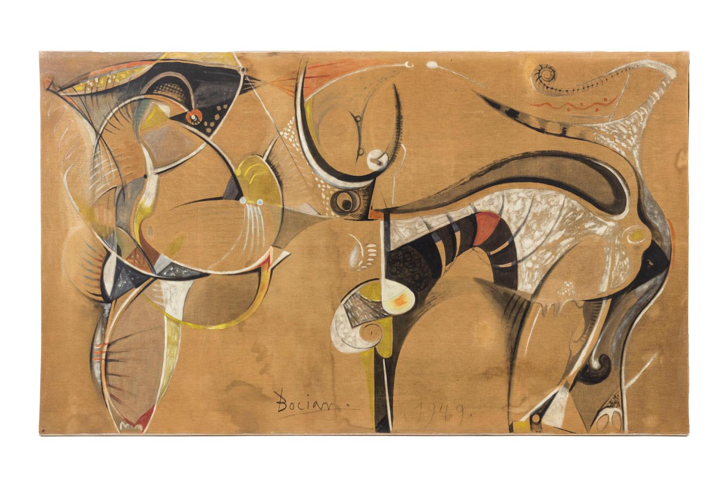 Bocian, signed and dated. 
Mixed technique on canvas mounted on chassis. Landscape format, representing an abstract composition in ochre shades, sinuous shapes in white, black and red colors.
Canvas lined, meaning attached on an existing canvas.