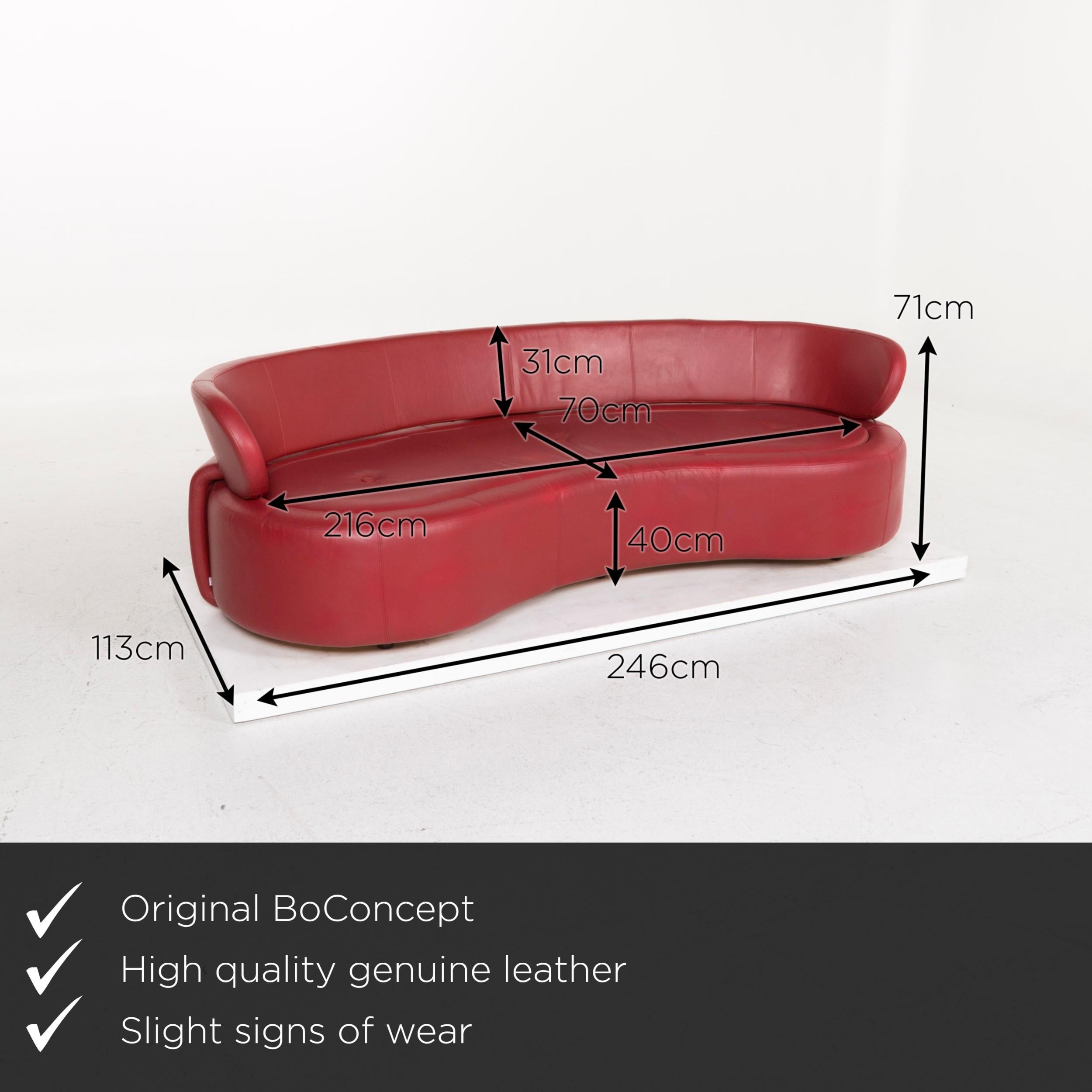 We present to you a BoConcept Alpha leather sofa red two-seat.



 Product measurements in centimeters:
 

Depth 113
Width 246
Height 71
Seat height 40
Rest height 71
Seat depth 70
Seat width 216
Back height 31.