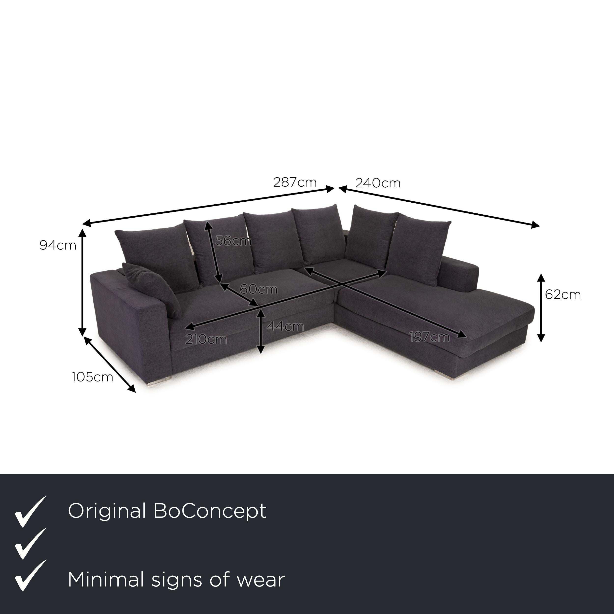 We present to you a BoConcept Cenova fabric sofa dark gray corner sofa couch.
 
Product measurements in centimeters:

depth: 105
width: 287
height: 94
seat height: 44
rest height: 62
seat depth: 60
seat width: 210
back height: 56.

 