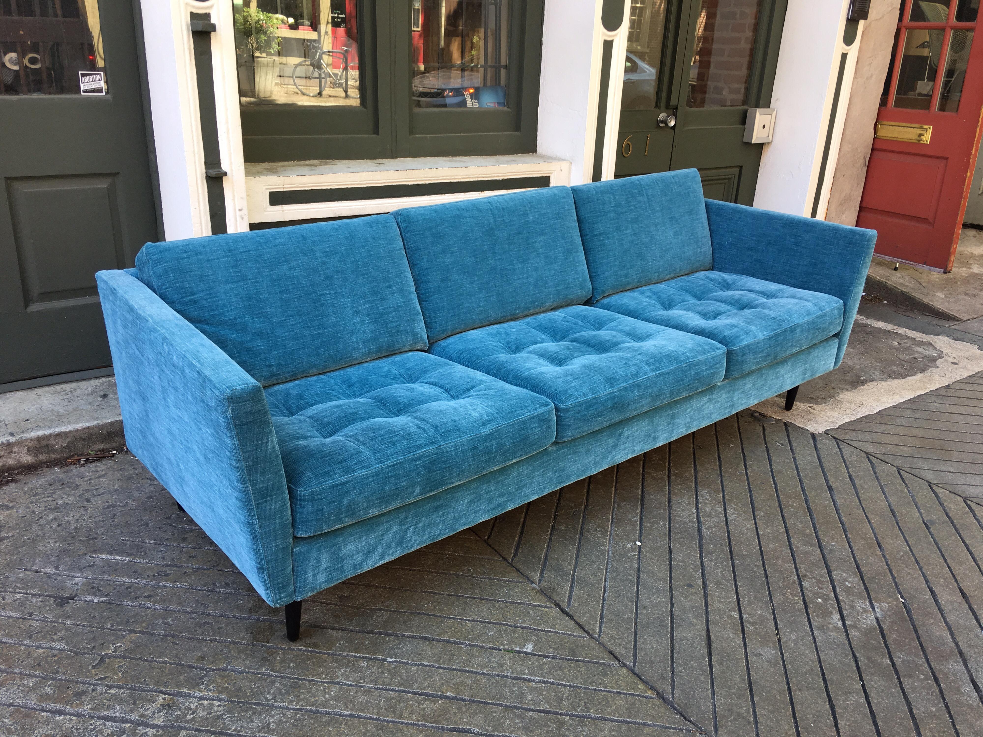Recent Design BoConcept sofa in a great blue fabric sort of like a corduroy! Only a couple years old, move to the west coast makes this sofa available! Pieced fabric seat cushion design reminiscent of Florence Knoll Designs!