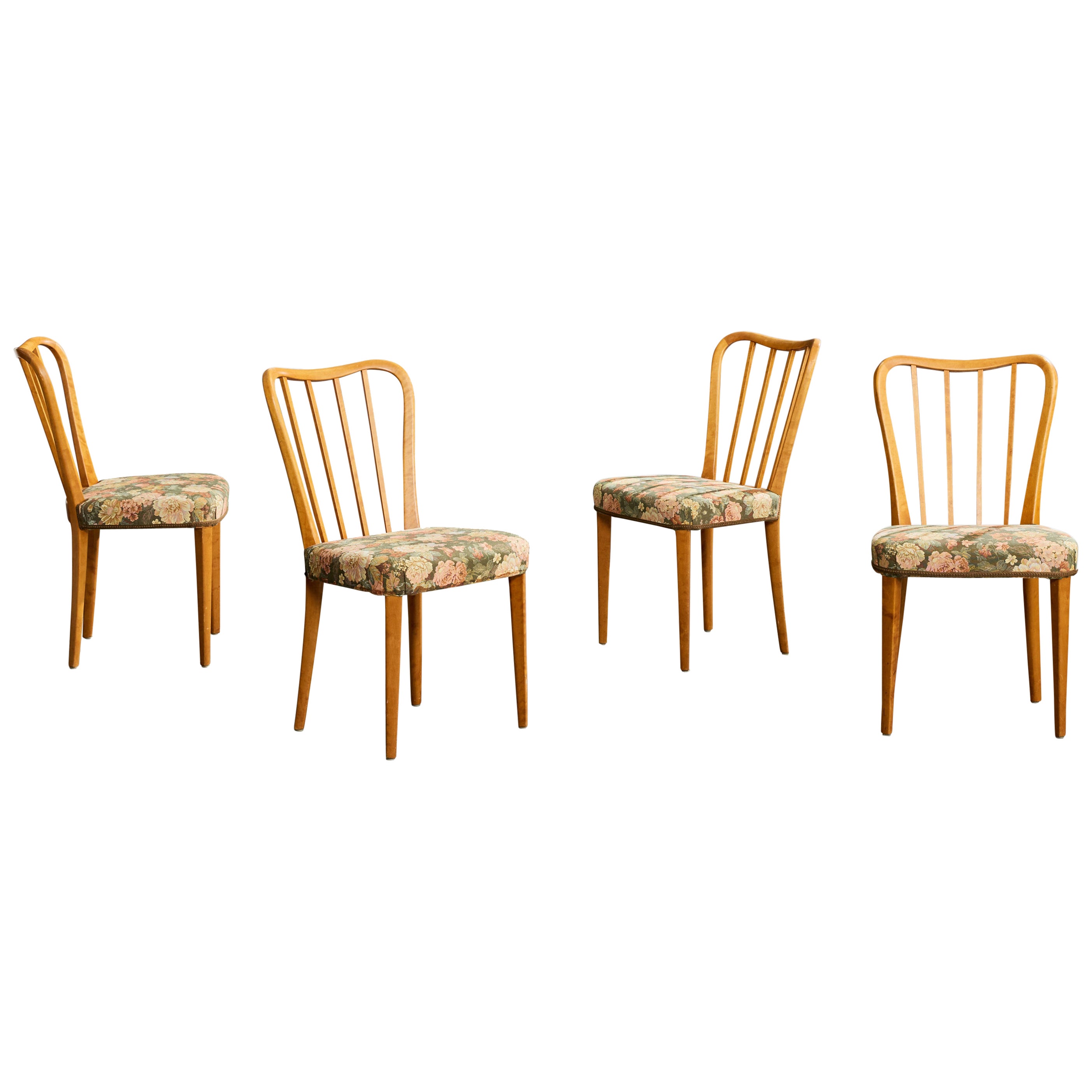 Bodafors, Dining Room Chairs, Birch, Fabric, Sweden, 1940s