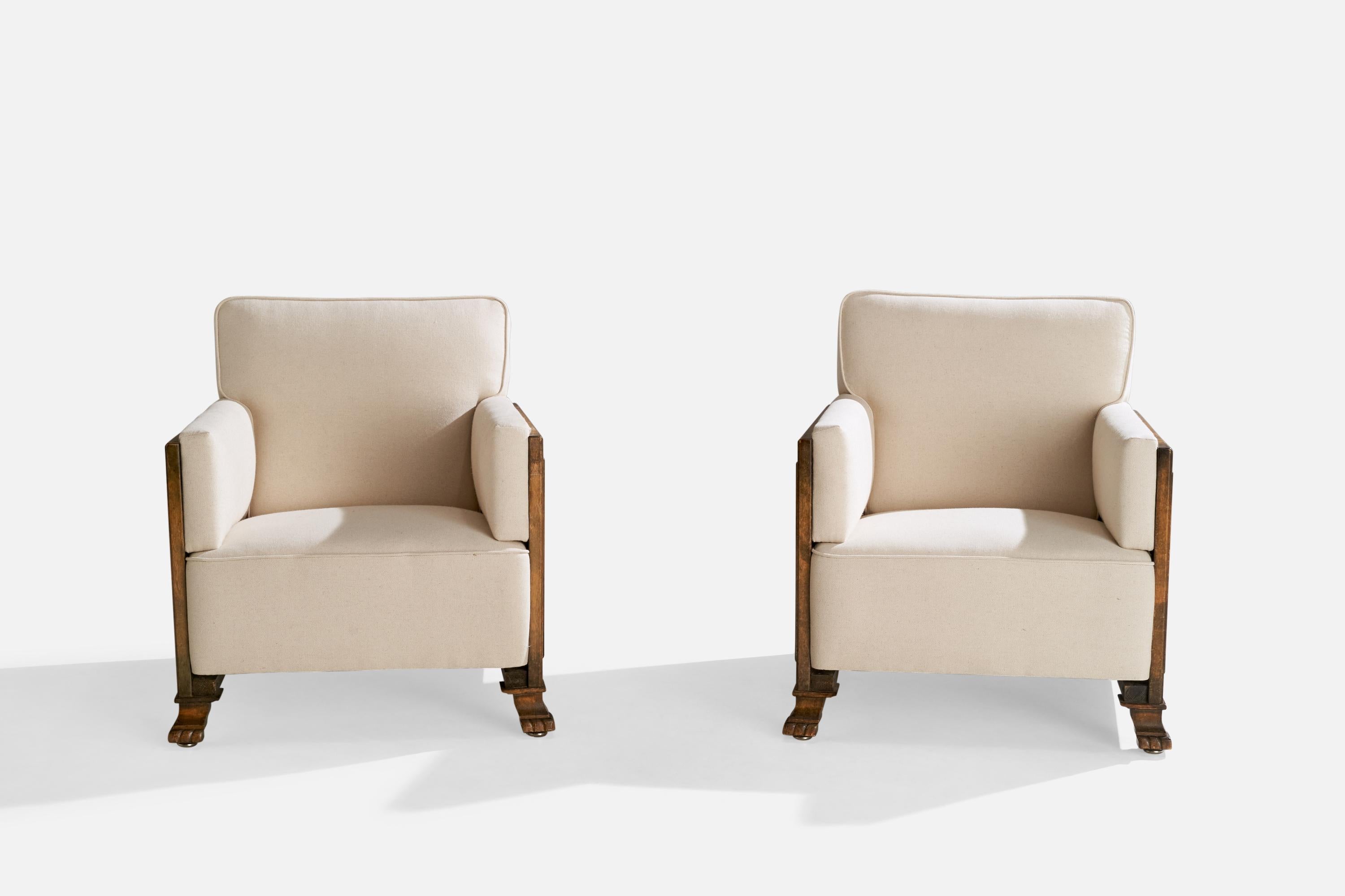 Swedish Bodafors, Lounge Chairs, Birch, Fabric, Sweden, 1930s